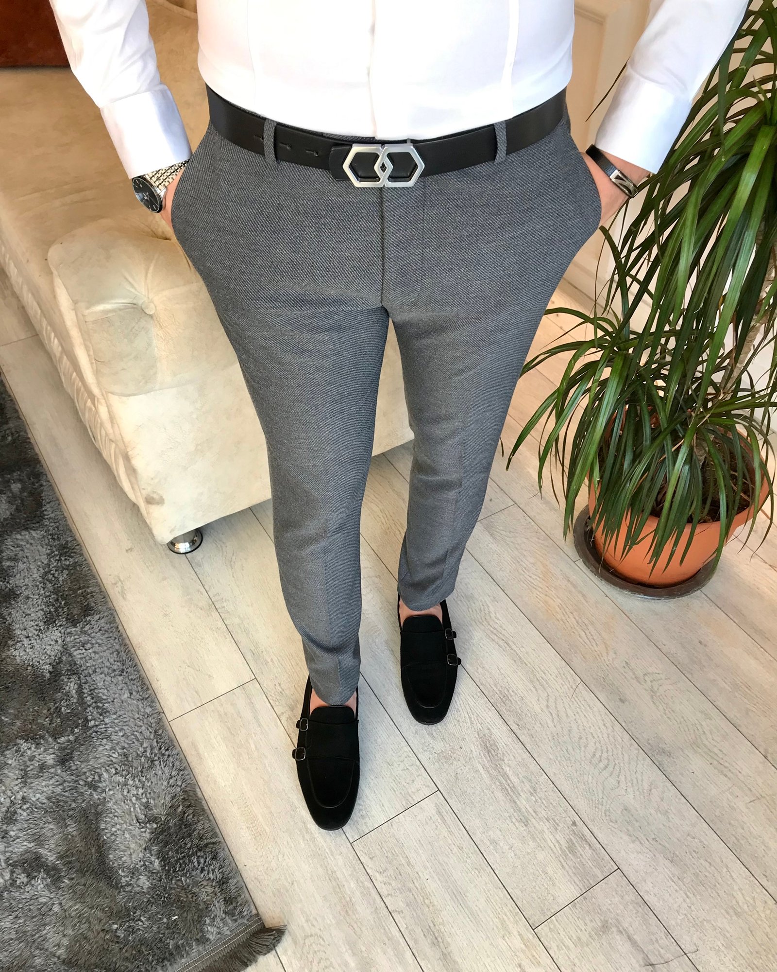 İtalyan stil slim fit erkek kumaş pantolon Gri T6615