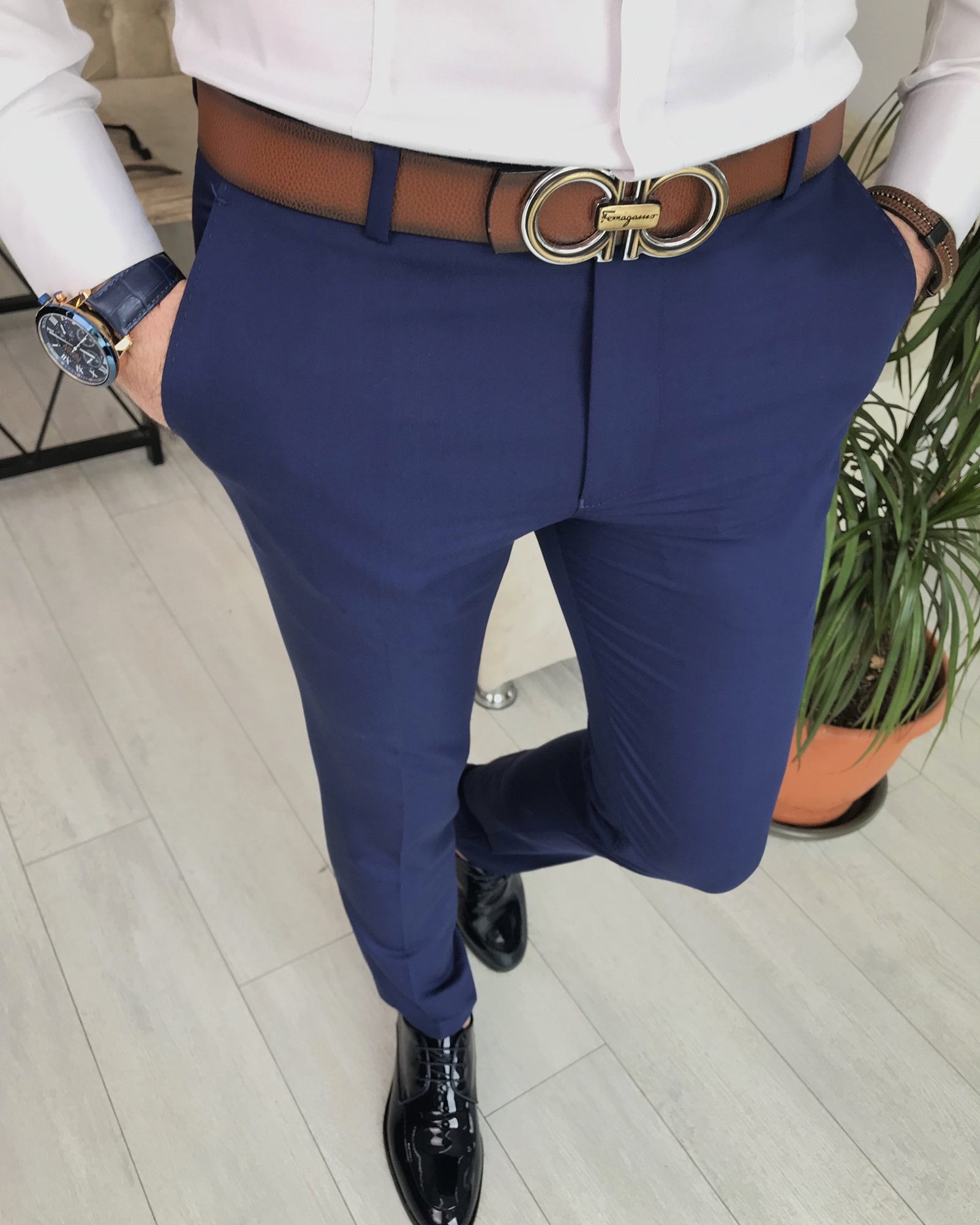 İtalyan stil slim fit erkek kumaş pantolon Açık Lacivert T4828