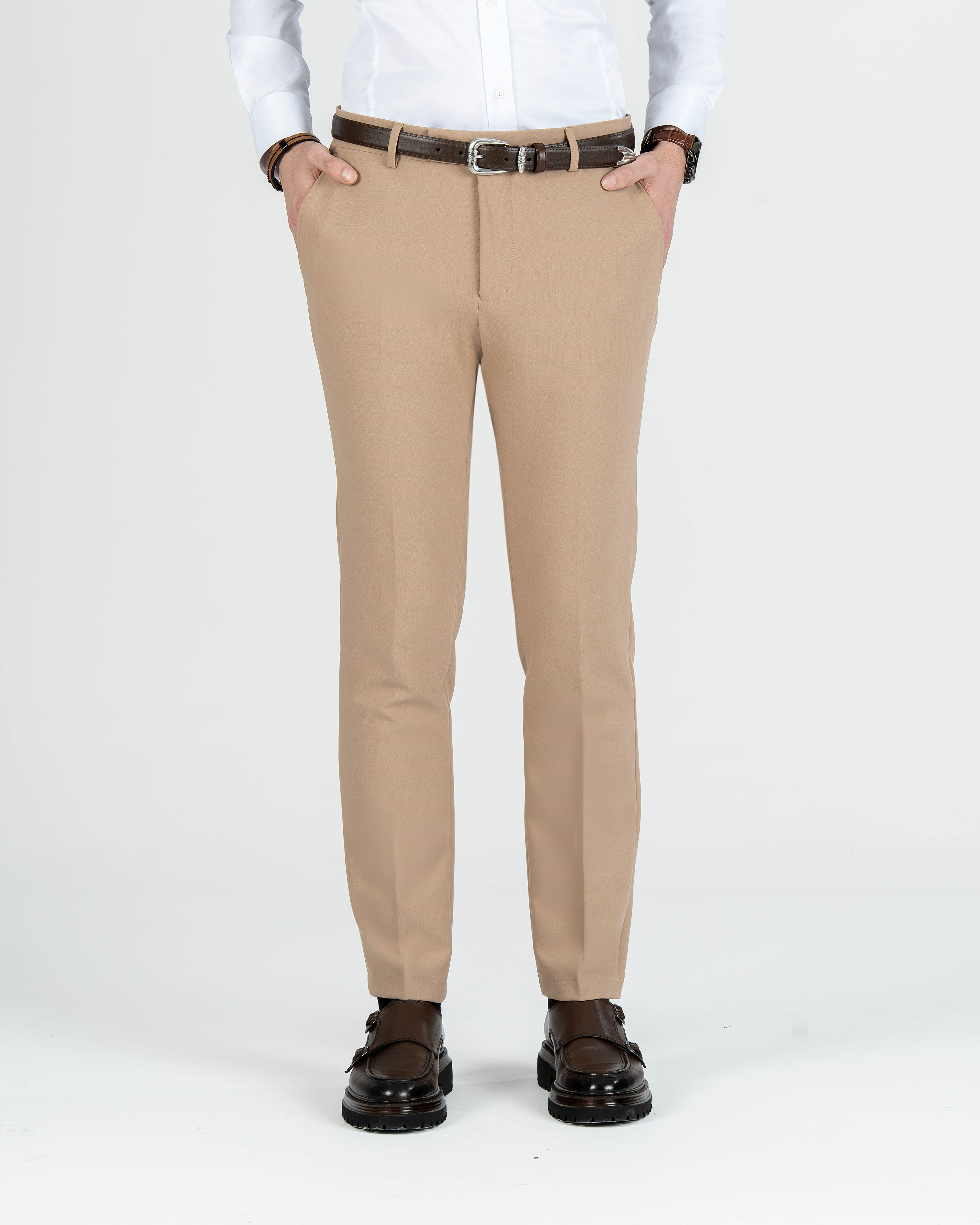 İtalyan stil slim fit erkek kumaş pantolon vizon T13689