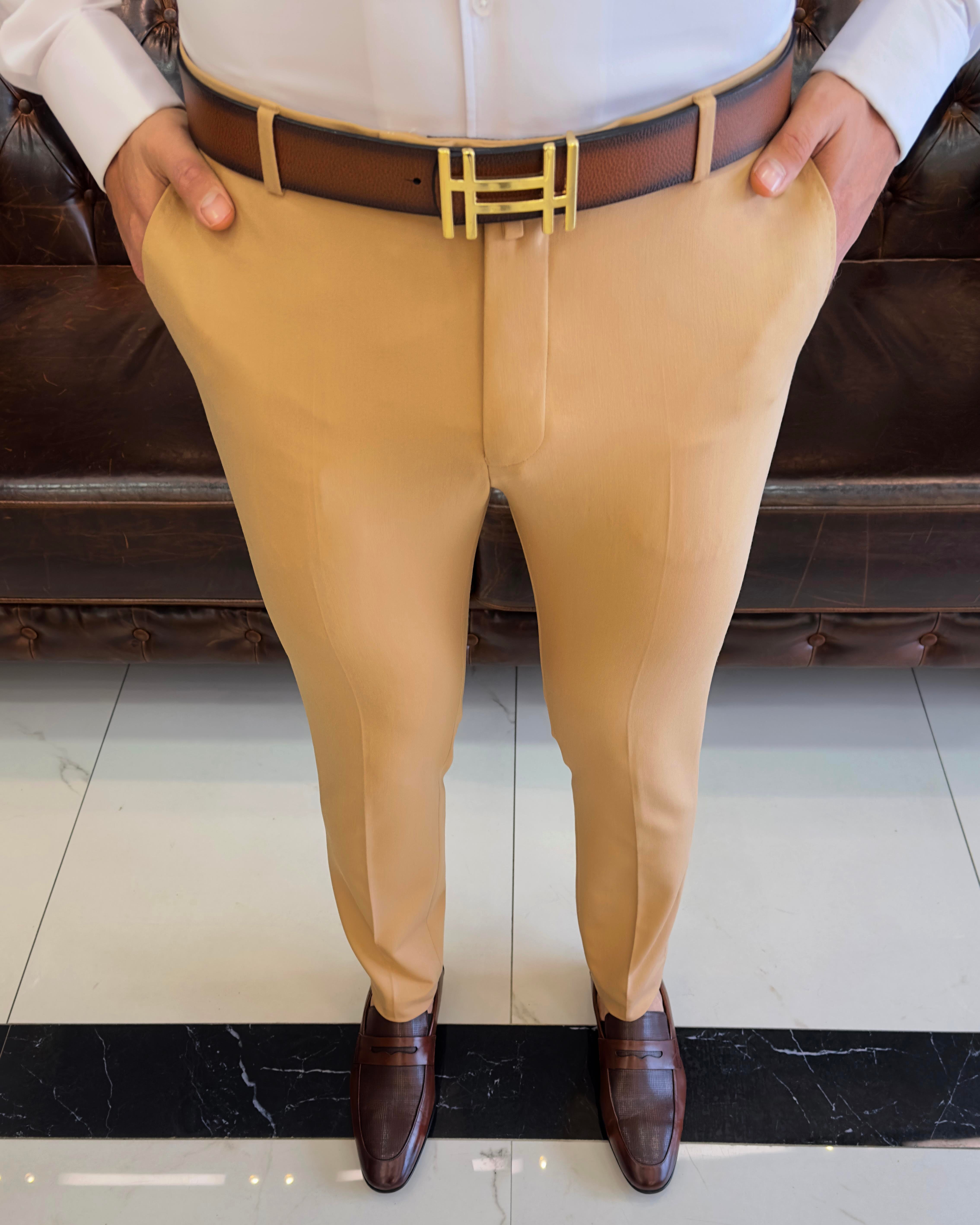 İtalyan stil slim fit erkek kumaş pantolon Açık Camel T4678