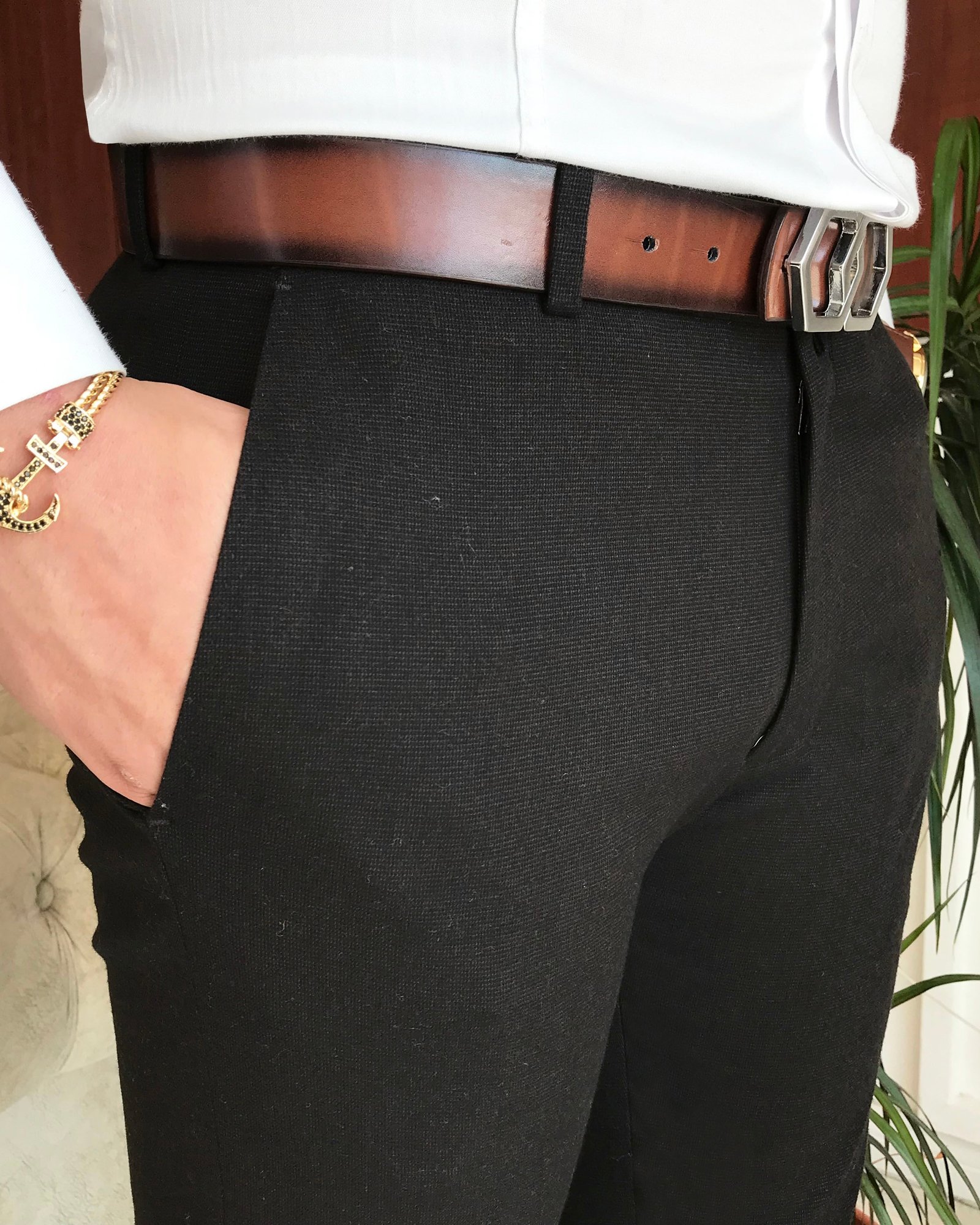İtalyan stil slim fit erkek kumaş pantolon kahverengi T6693
