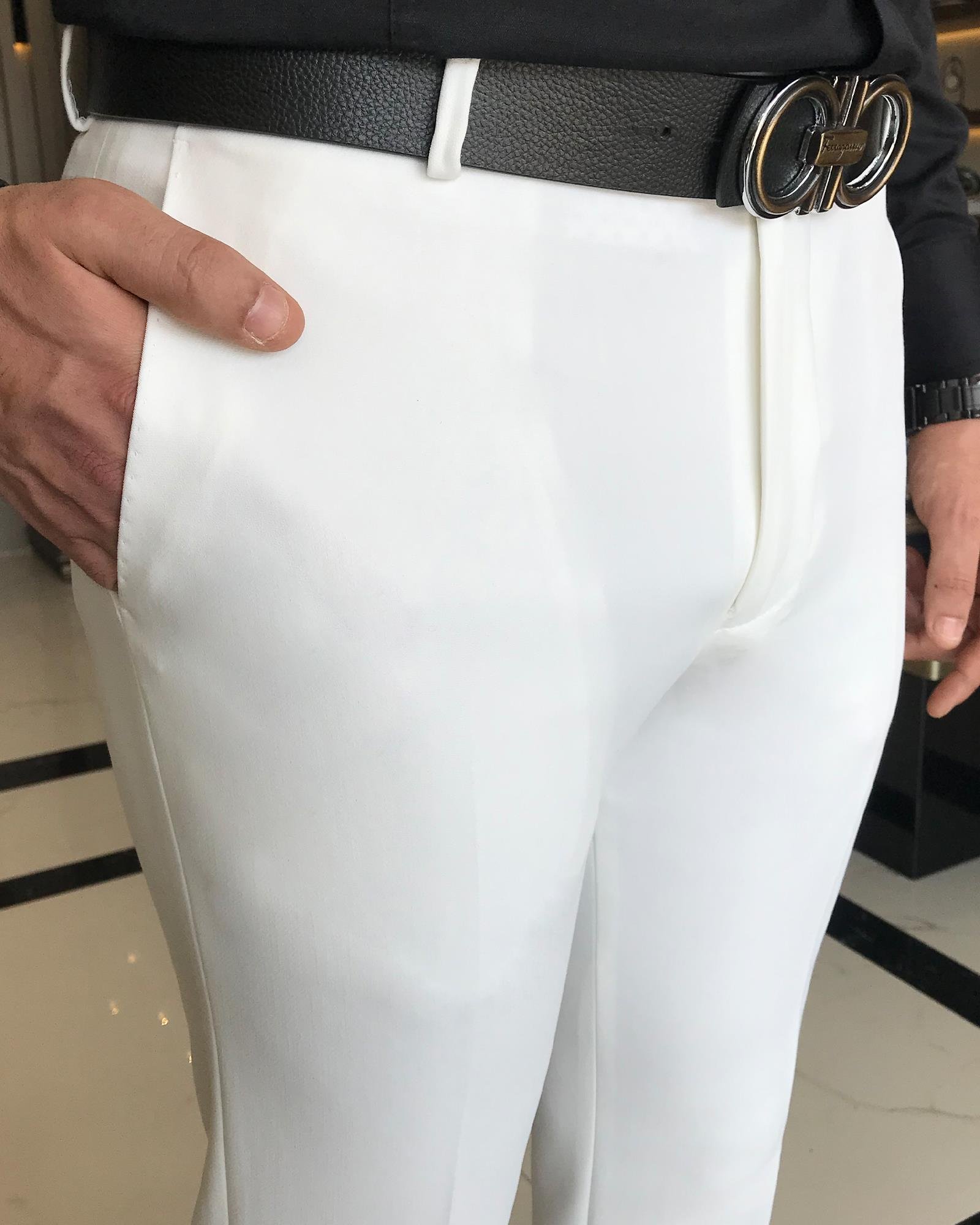 İtalyan stil slim fit erkek kumaş pantolon Ekru T4813