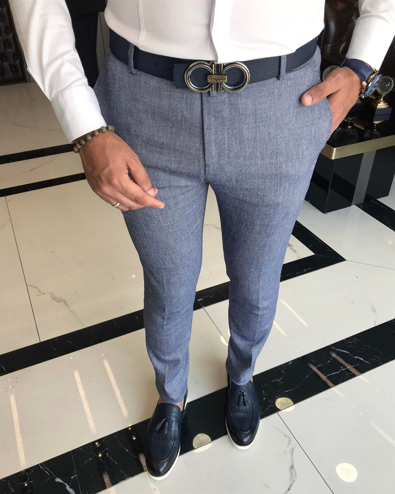 İtalyan stil slim fit erkek kumaş pantolon Lacivert T9785