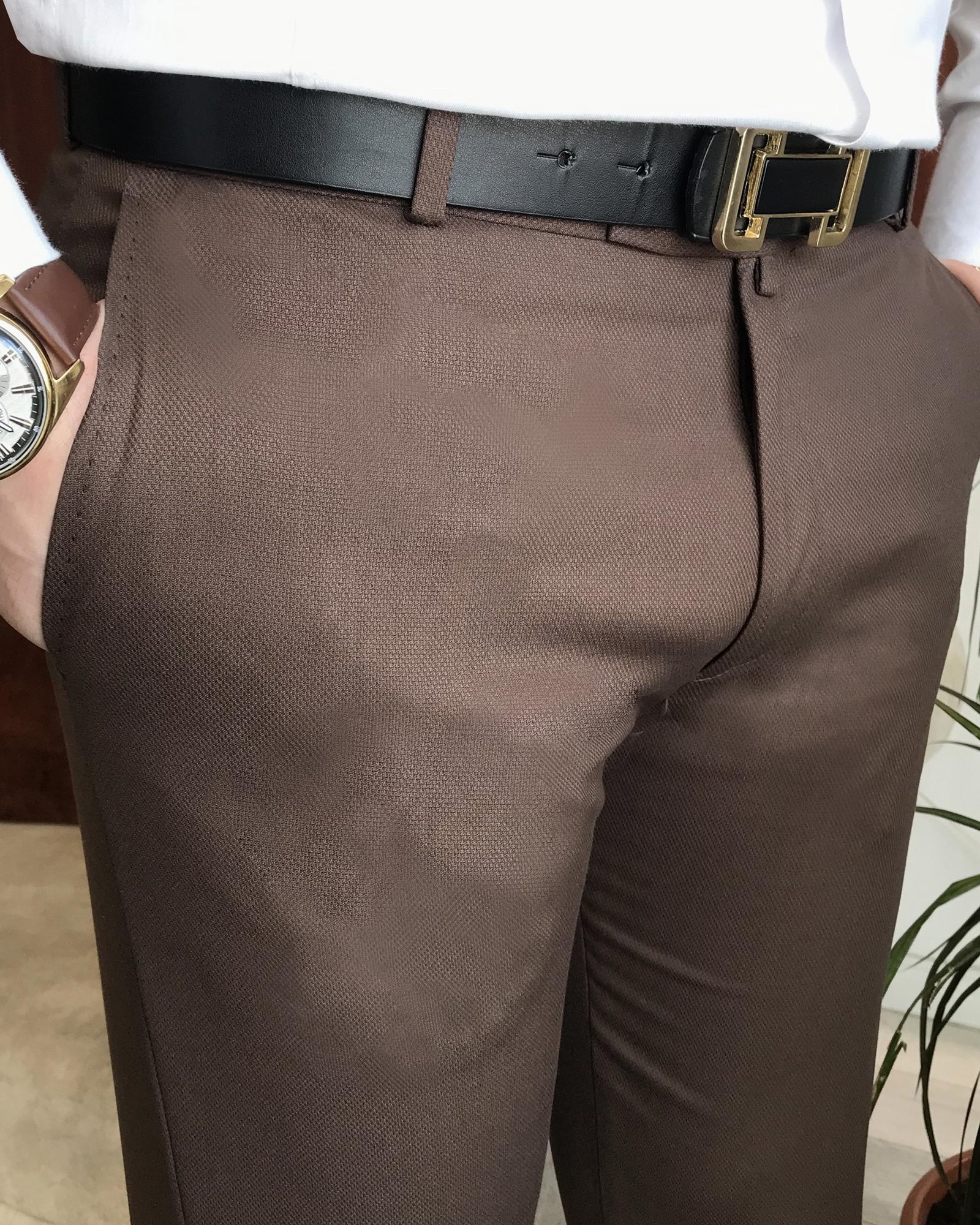 İtalyan stil slim fit erkek kumaş pantolon Kahverengi T4911