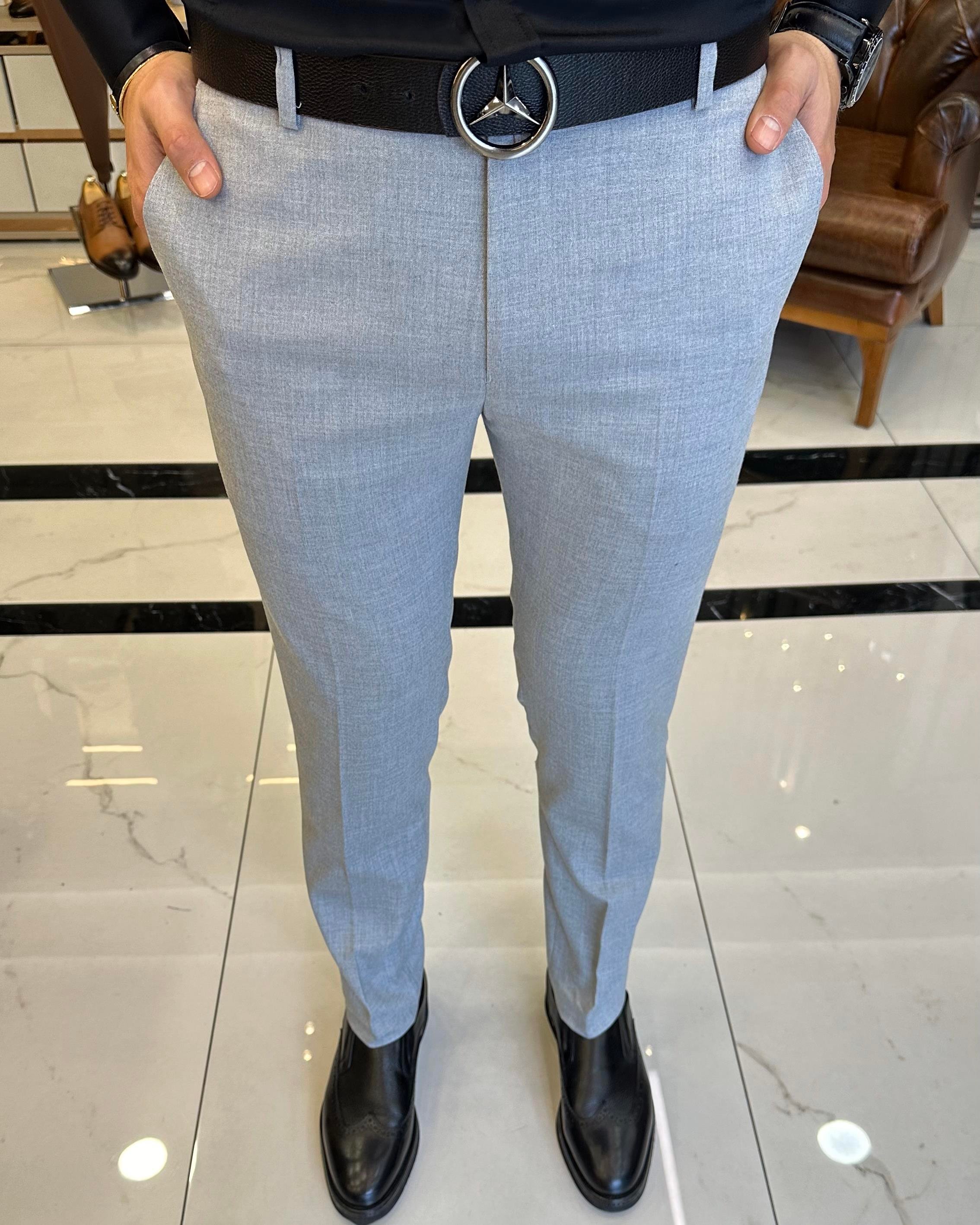 İtalyan stil slim fit erkek kumaş pantolon Gri T4254