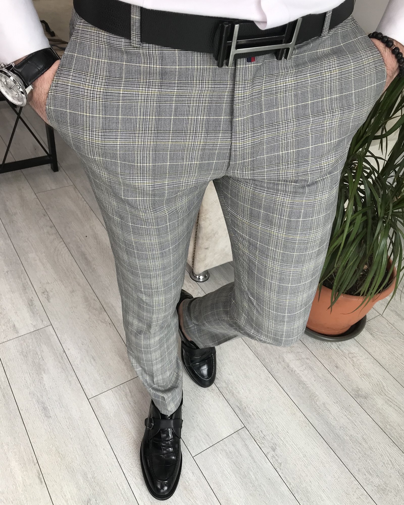 İtalyan stil slim fit erkek kumaş pantolon Gri T7744