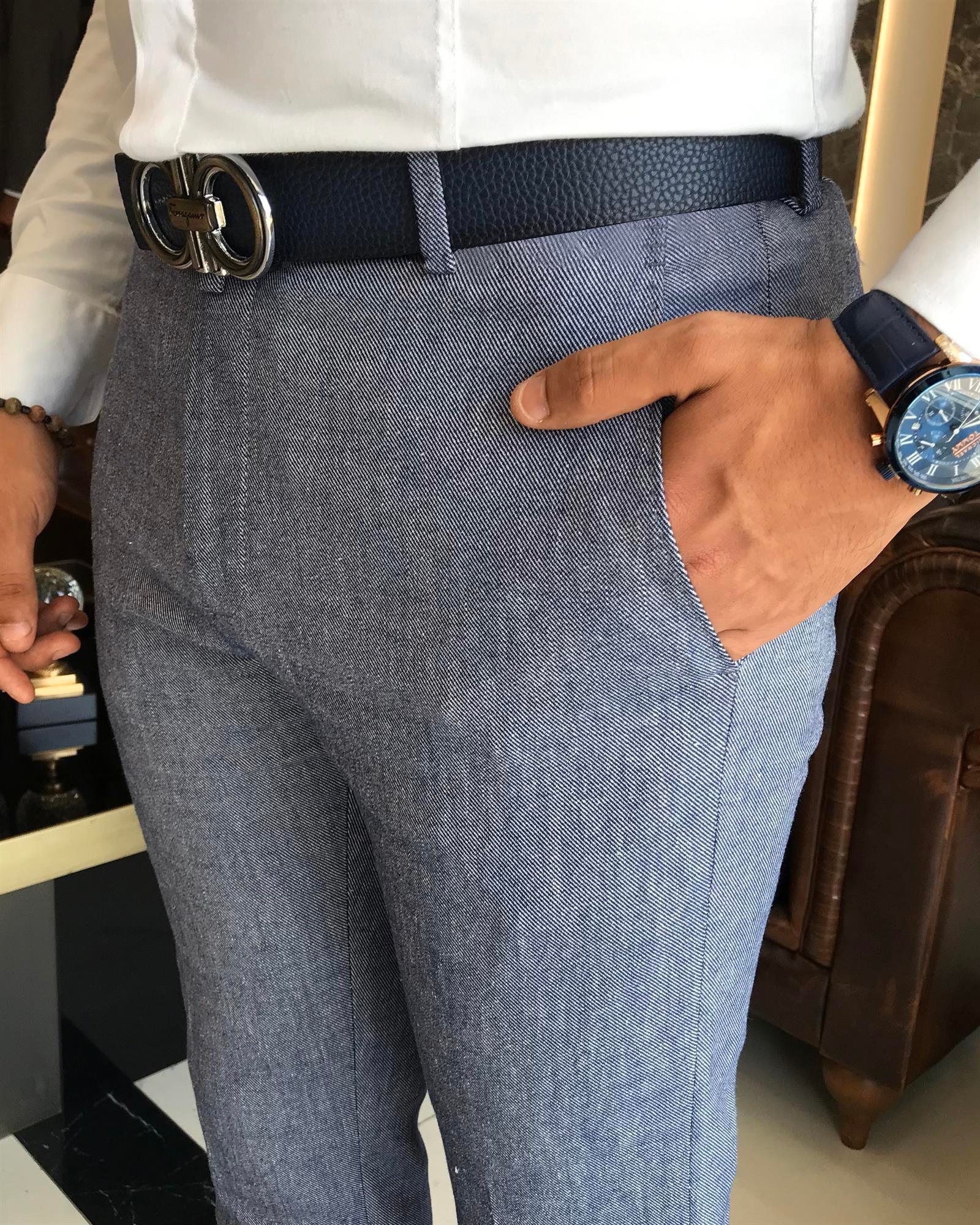 İtalyan stil slim fit erkek kumaş pantolon Lacivert T9785