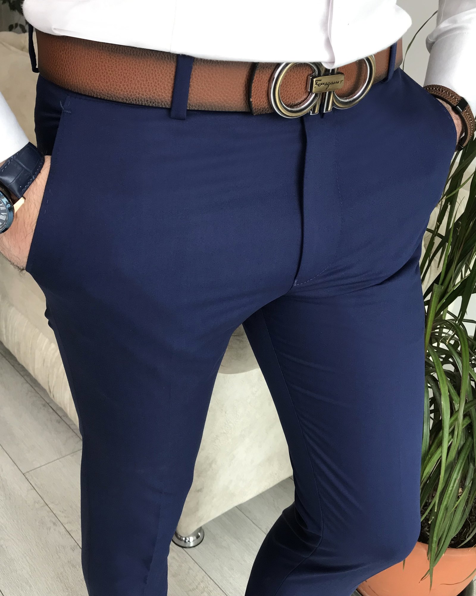 İtalyan stil slim fit erkek kumaş pantolon Açık Lacivert T4828