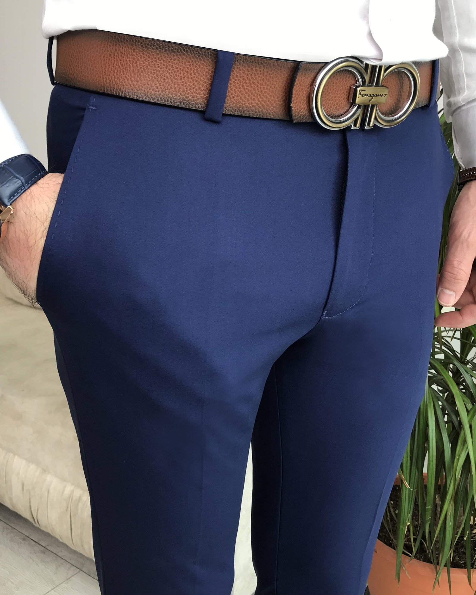 İtalyan stil slim fit erkek kumaş pantolon Açık Lacivert T4828