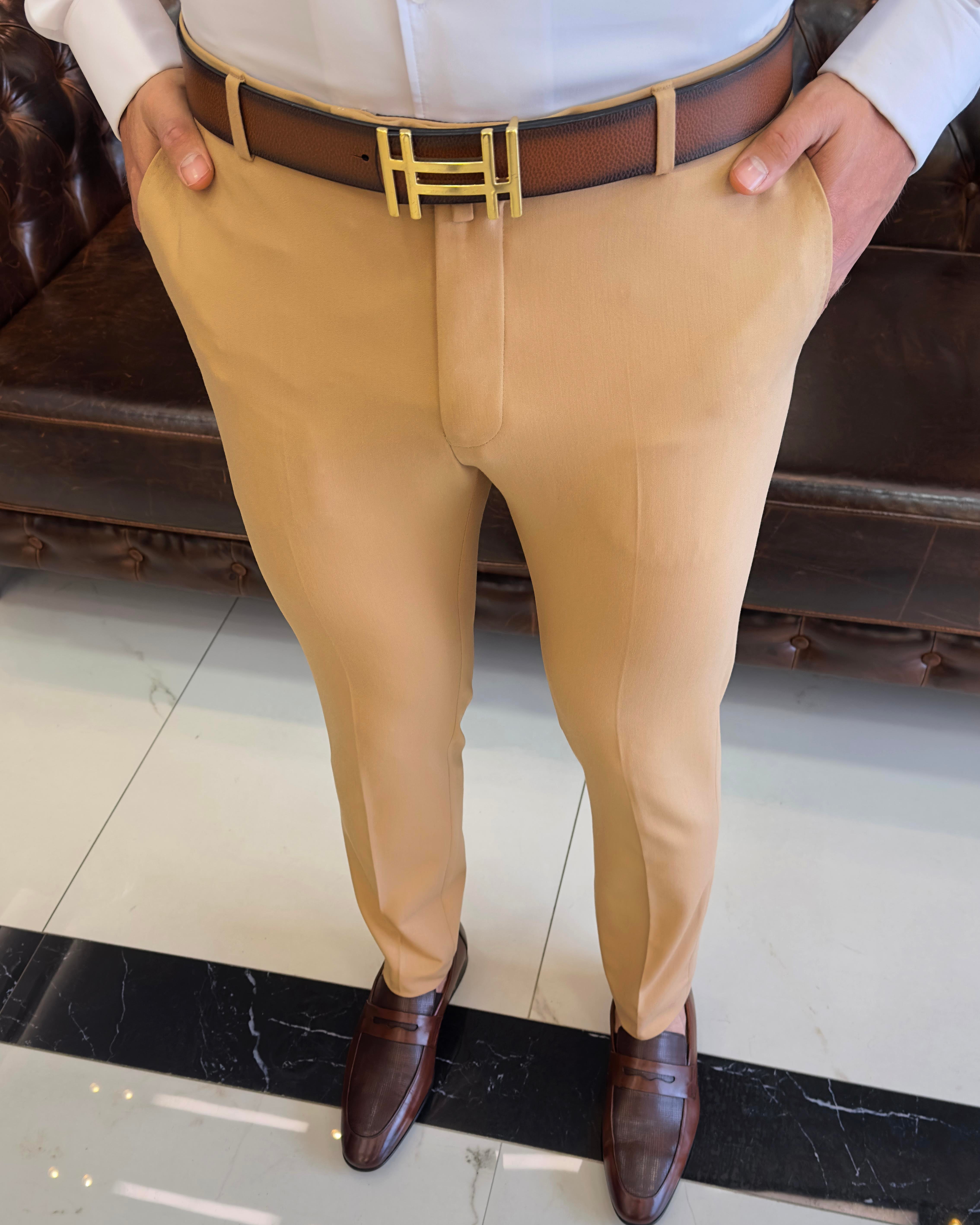 İtalyan stil slim fit erkek kumaş pantolon Açık Camel T4678