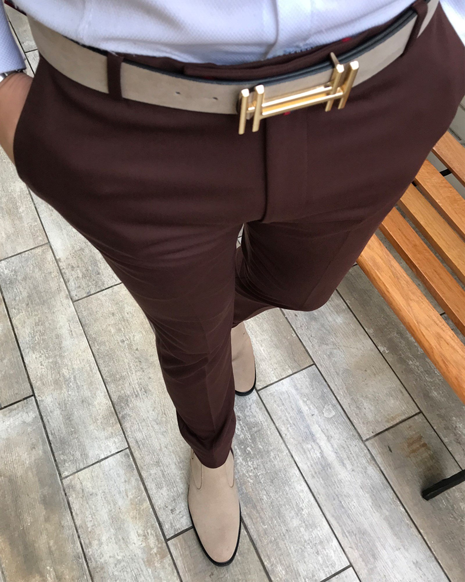 İtalyan stil slim fit erkek kumaş pantolon Kahverengi T4425