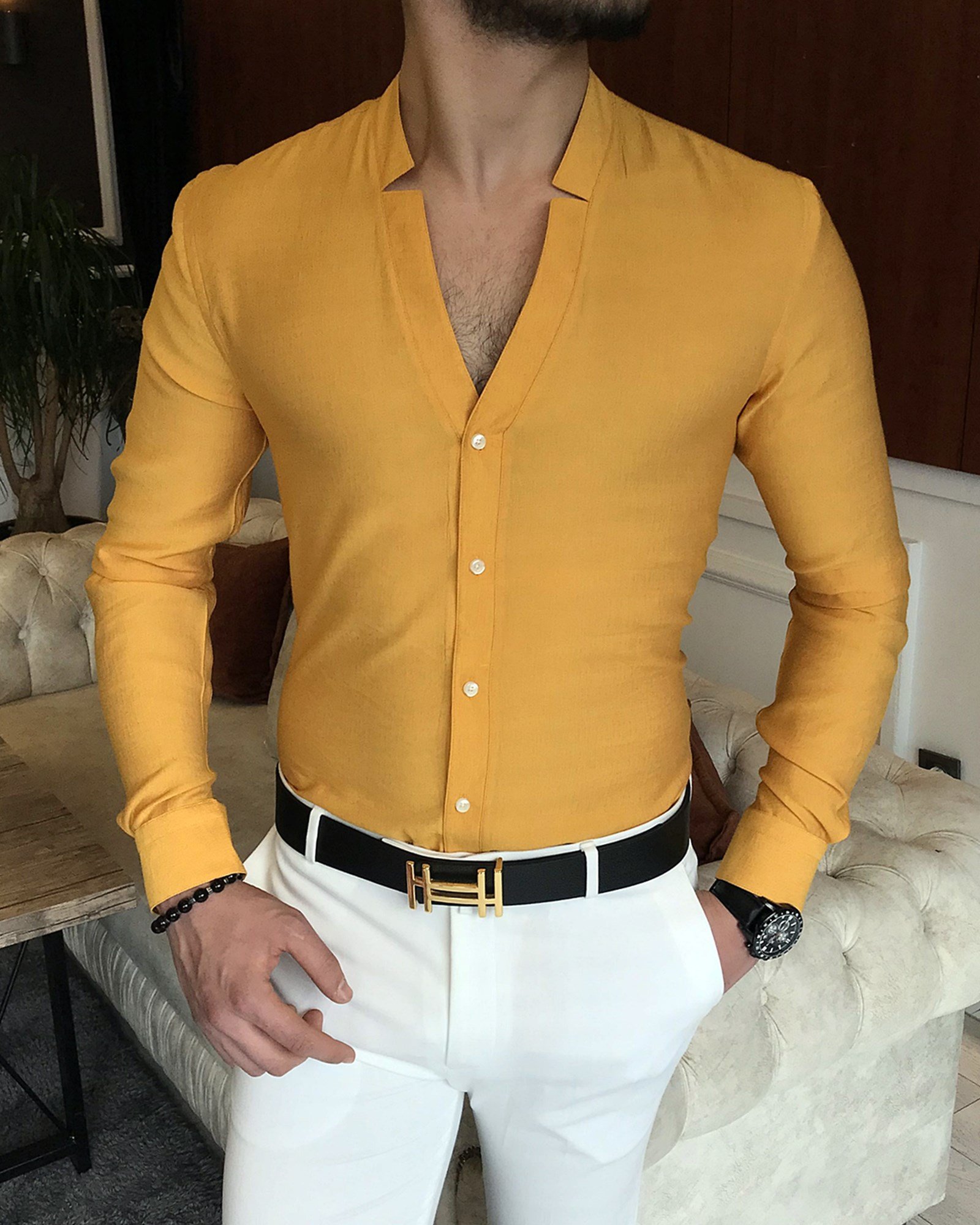 İtalyan stil slim fit erkek likralı gömlek Sarı T7161