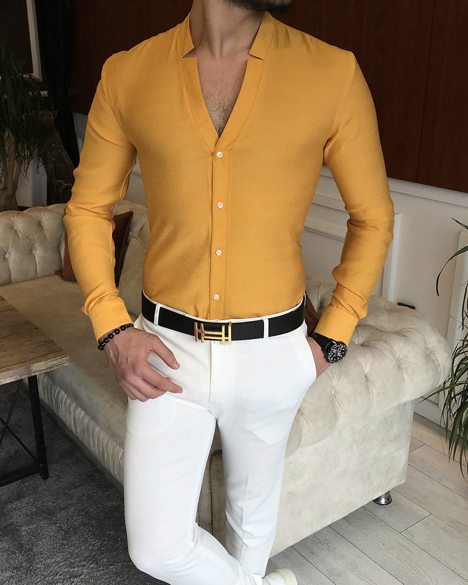 İtalyan stil slim fit erkek likralı gömlek Sarı T7161
