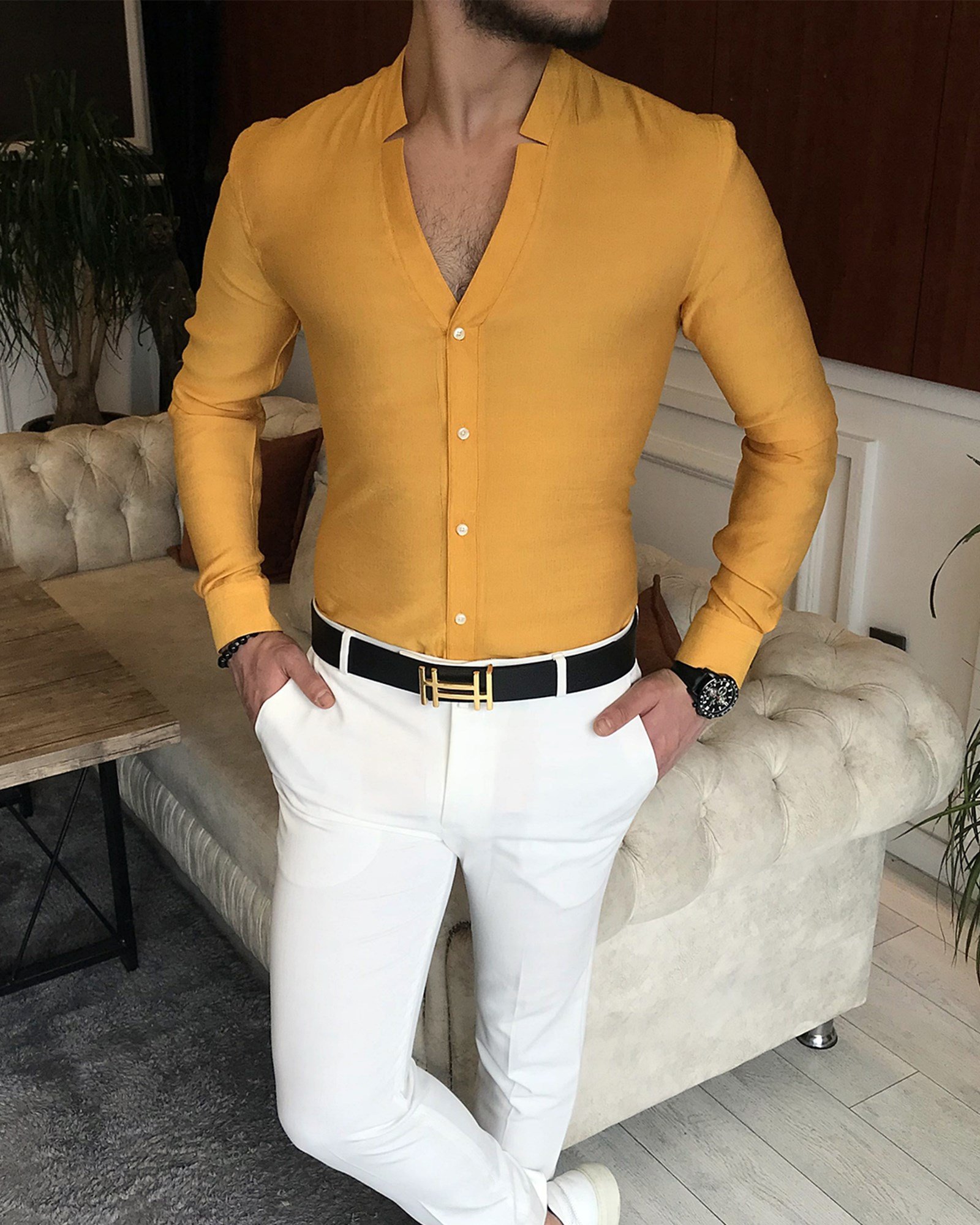 İtalyan stil slim fit erkek likralı gömlek Sarı T7161