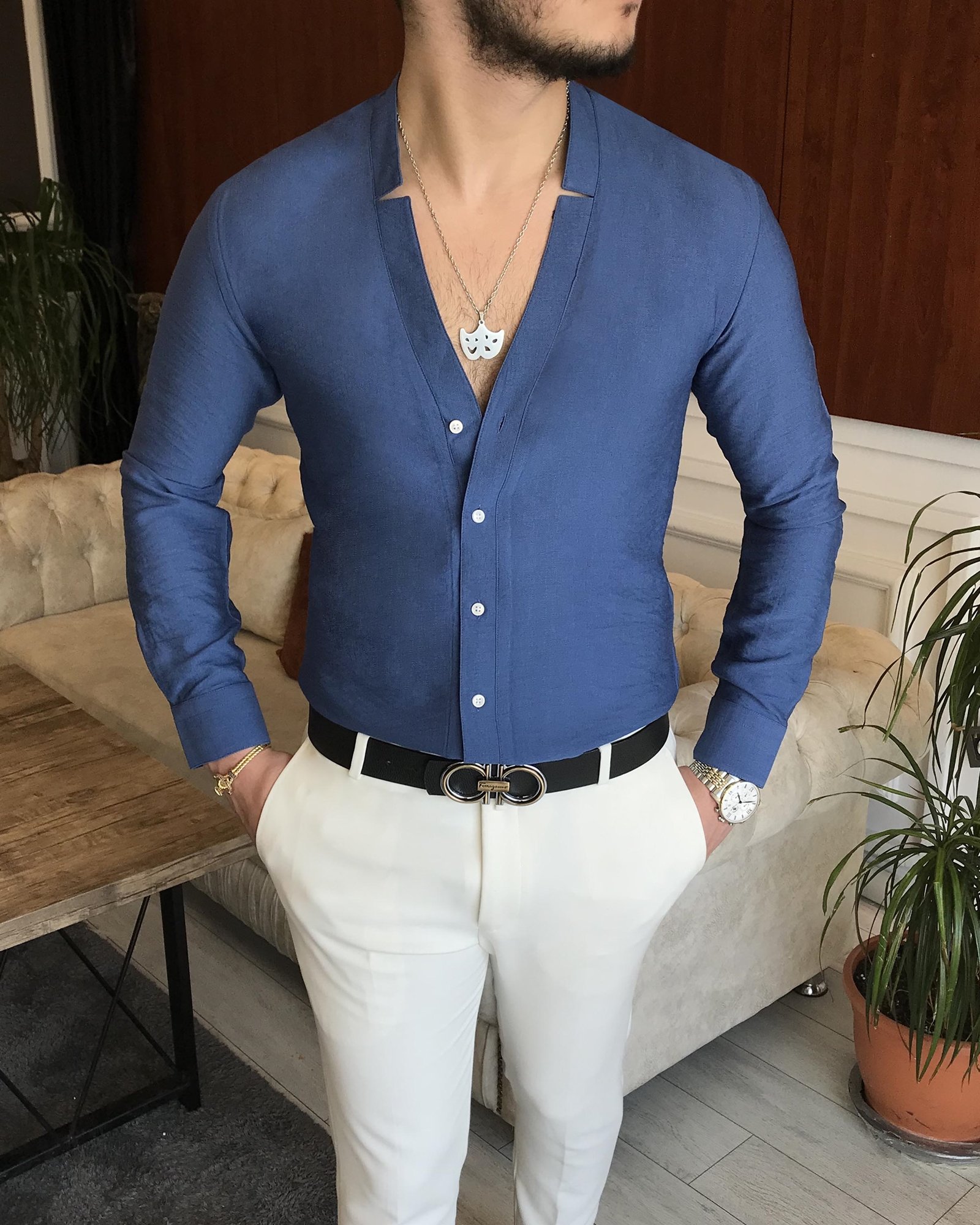 İtalyan stil slim fit erkek likralı hakim yaka gömlek lacivert T5928