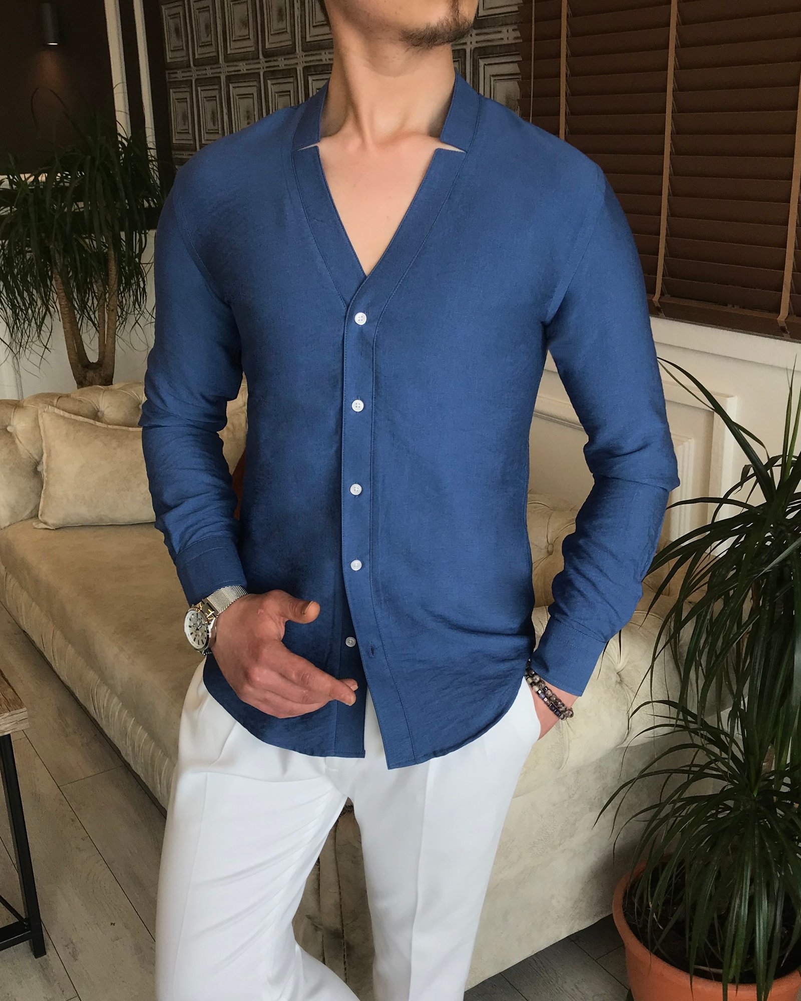 İtalyan stil slim fit erkek likralı hakim yaka gömlek lacivert T5928