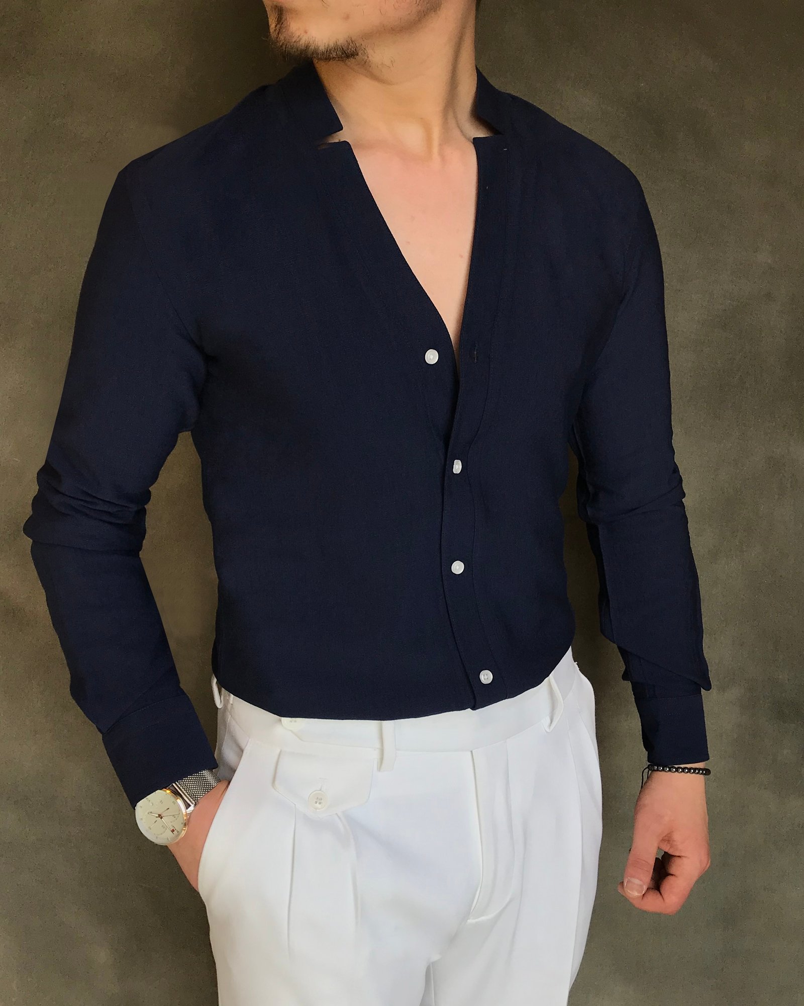 İtalyan stil slim fit erkek likralı hakim yaka gömlek koyu lacivert T5925