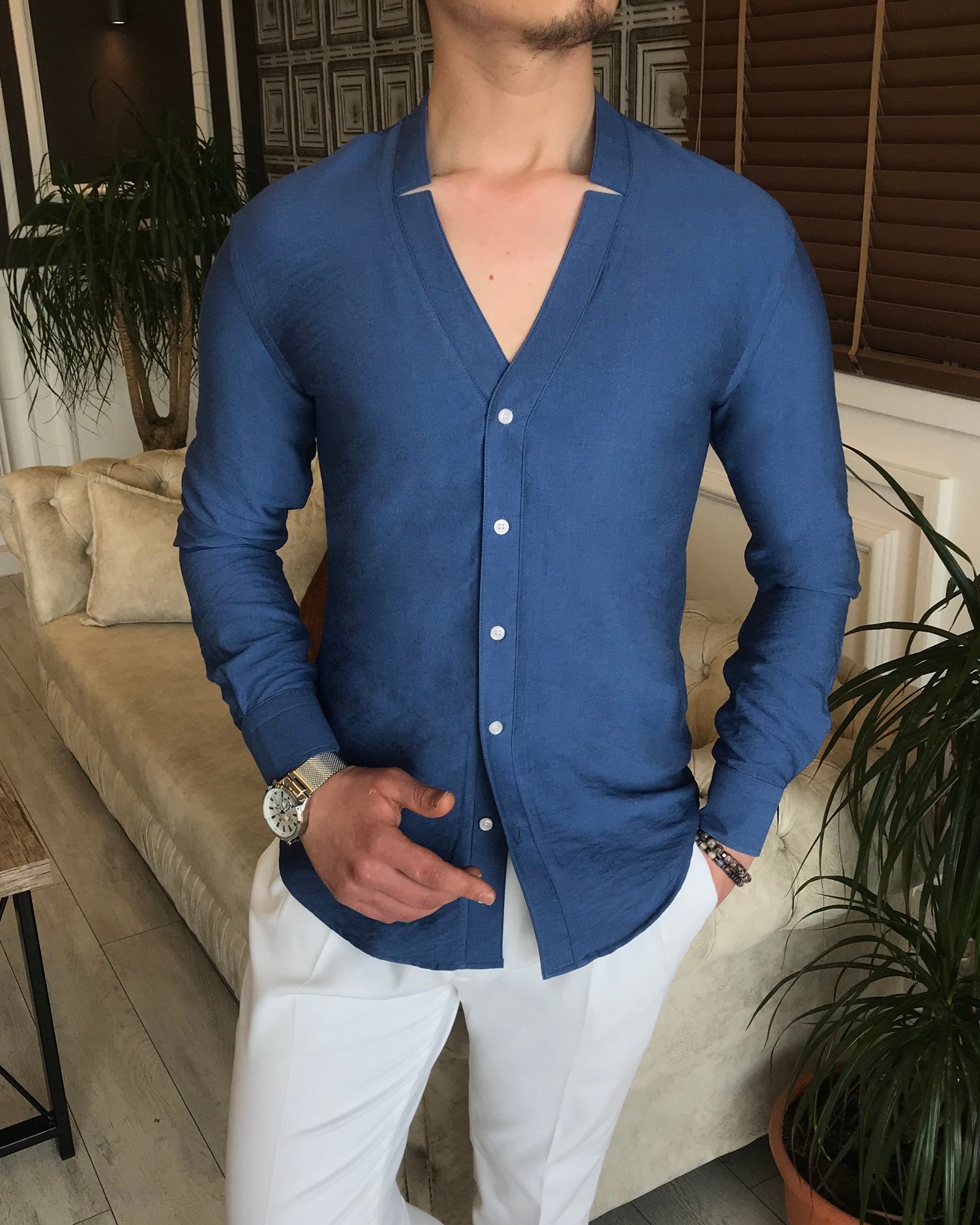 İtalyan stil slim fit erkek likralı hakim yaka gömlek lacivert T5928