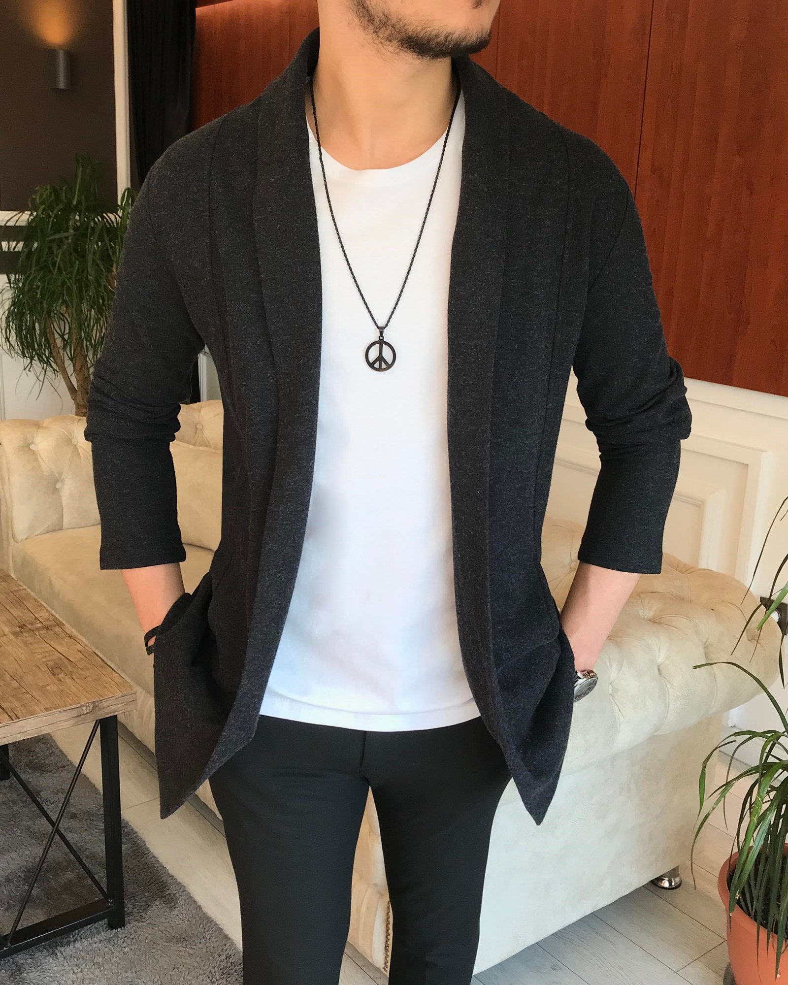 İtalyan stil slim fit erkek mevsimlik pamuklu şal yaka hırka Antrasit T6791