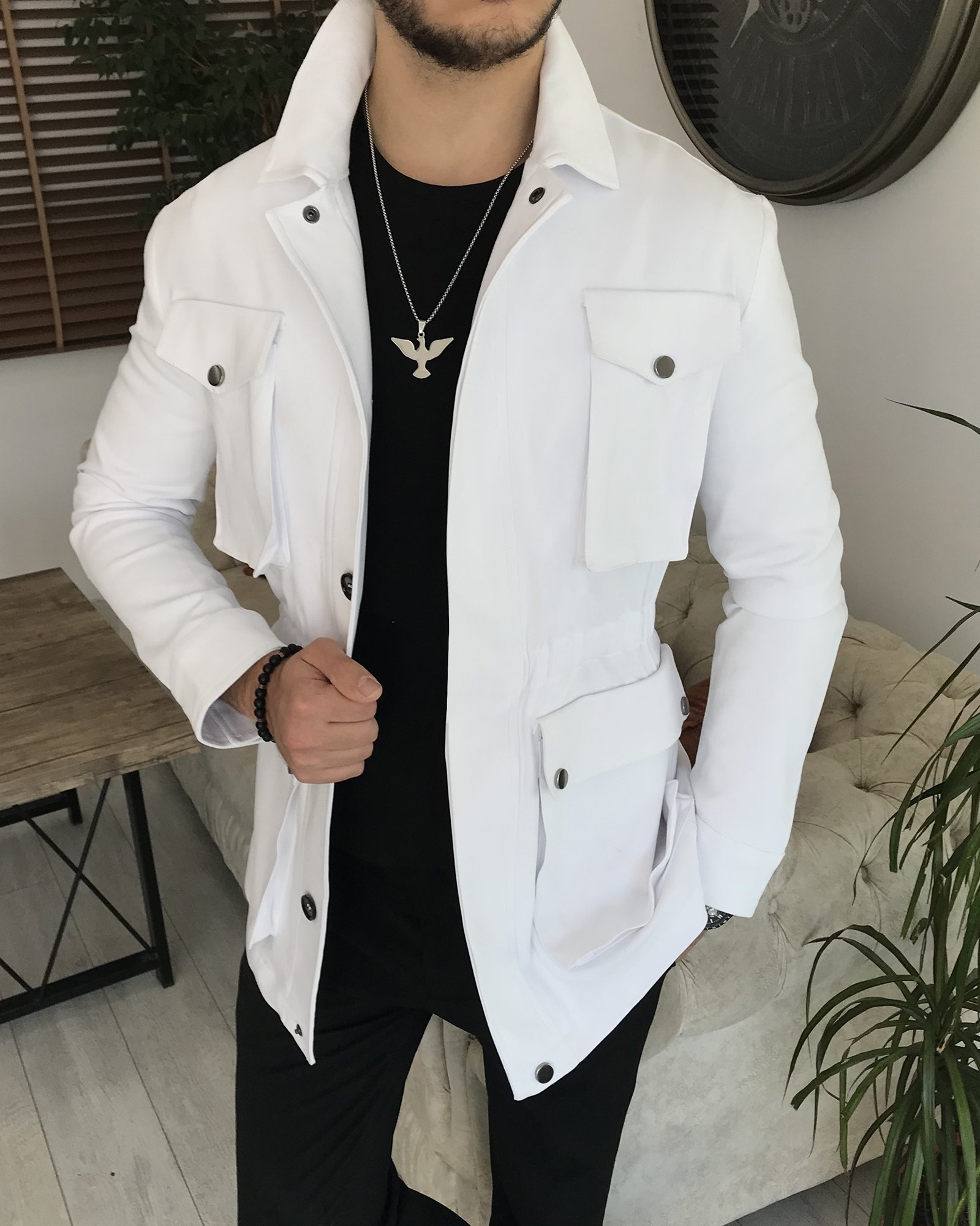 İtalyan stil slim fit erkek  mevsimlik safari ceket Beyaz T5444