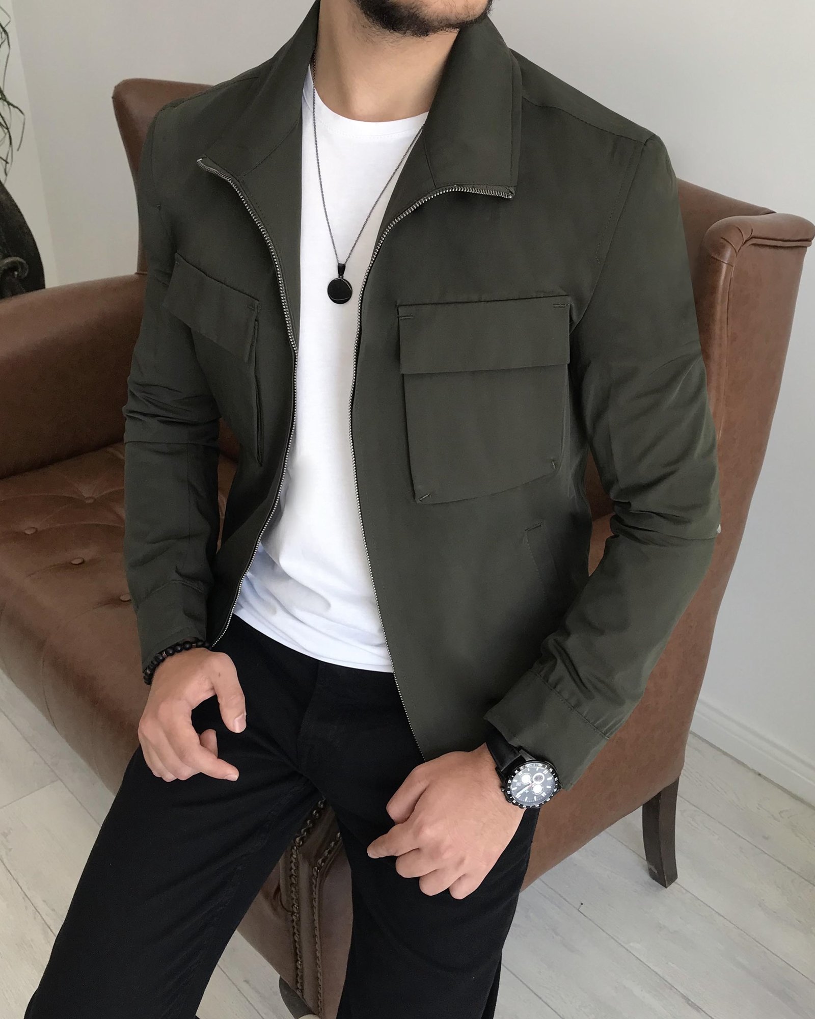 İtalyan stil slim fit erkek mevsimlik bomber ceket Haki T7866