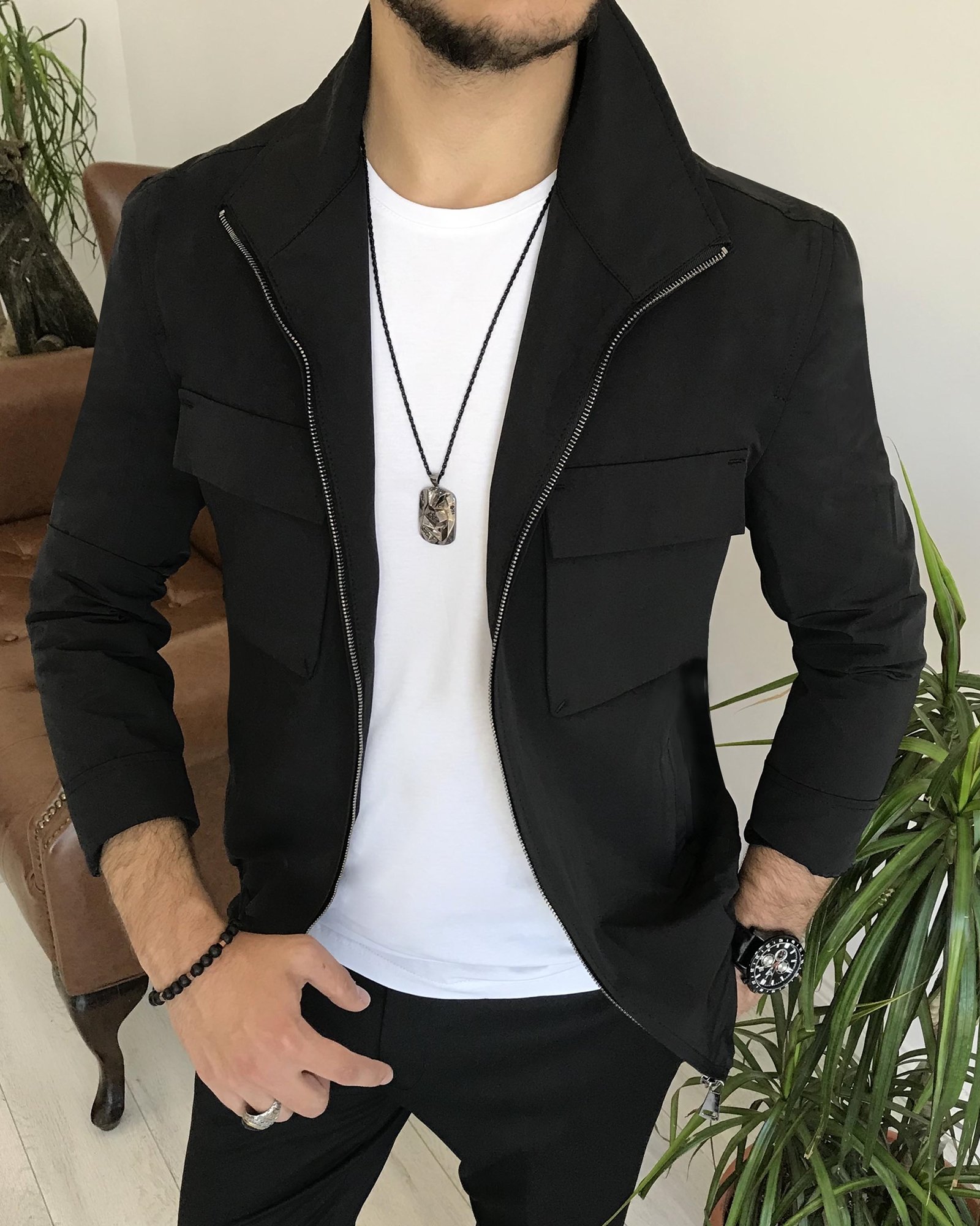 İtalyan stil slim fit erkek mevsimlik bomber ceket Siyah T7871