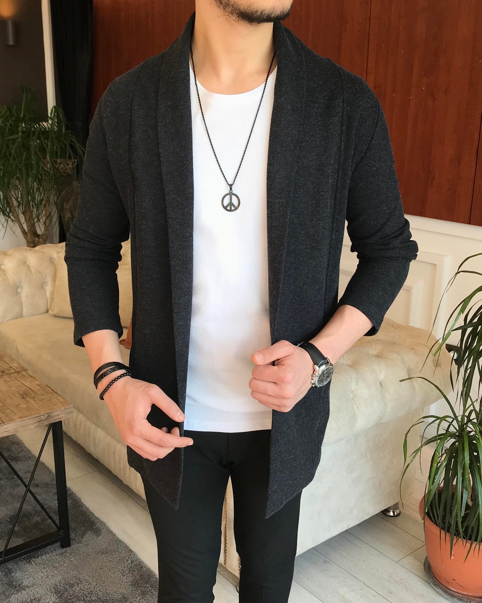 İtalyan stil slim fit erkek mevsimlik pamuklu şal yaka hırka Antrasit T6791