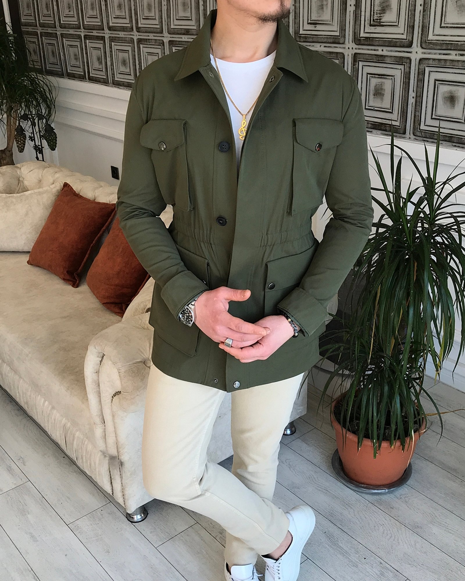 İtalyan stil slim fit erkek  mevsimlik safari ceket Haki T5442