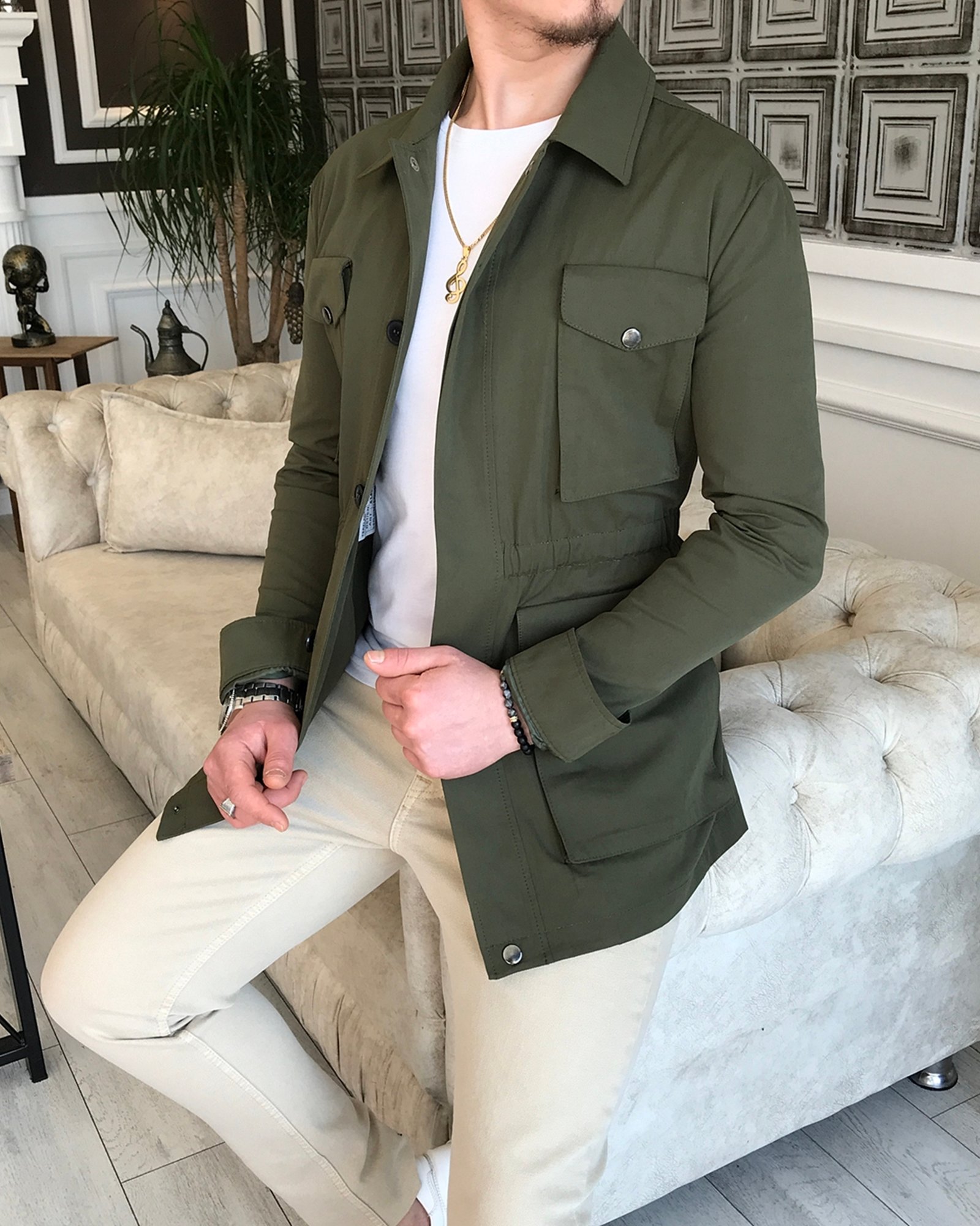 İtalyan stil slim fit erkek  mevsimlik safari ceket Haki T5442