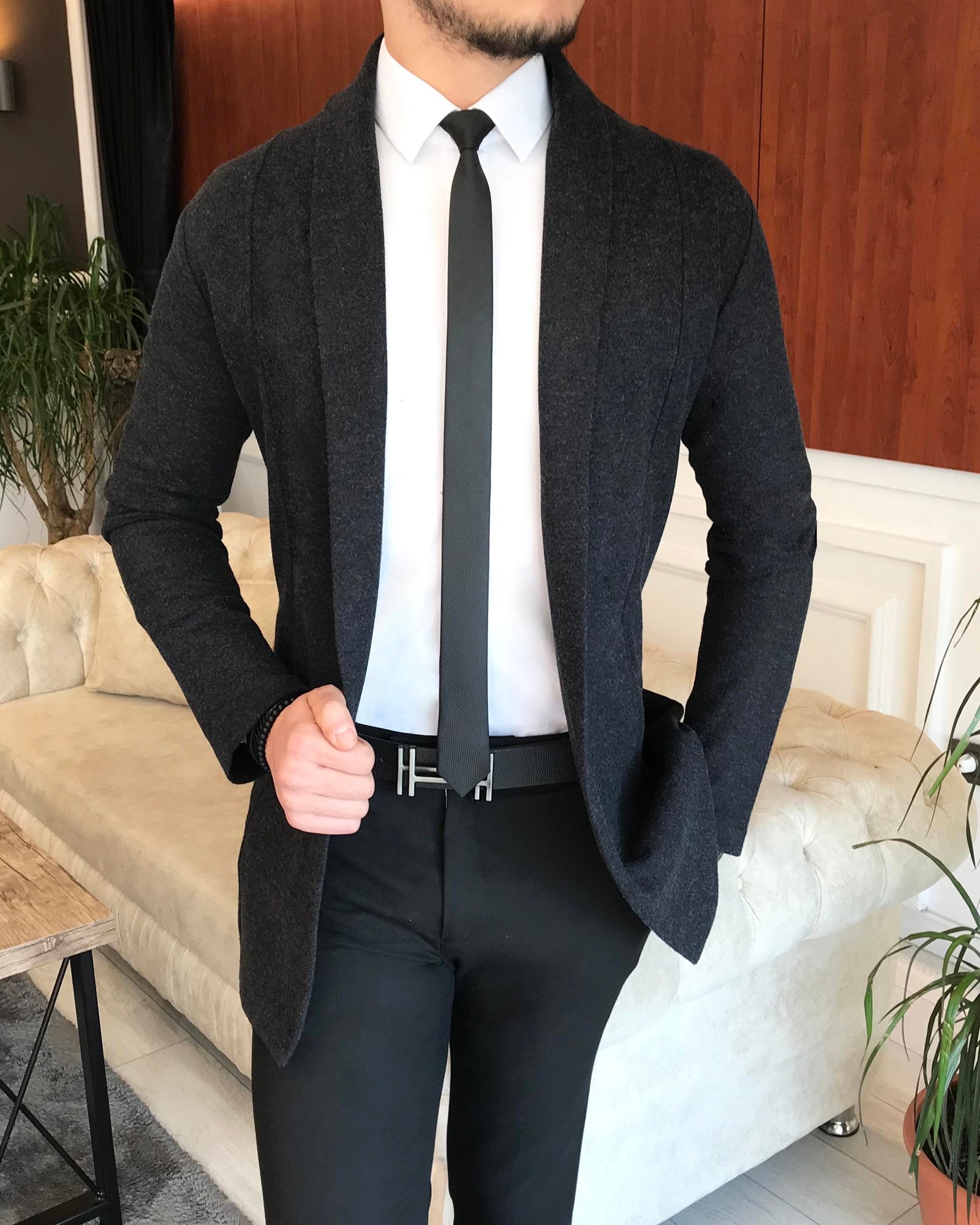 İtalyan stil slim fit erkek mevsimlik pamuklu şal yaka hırka Antrasit T6791