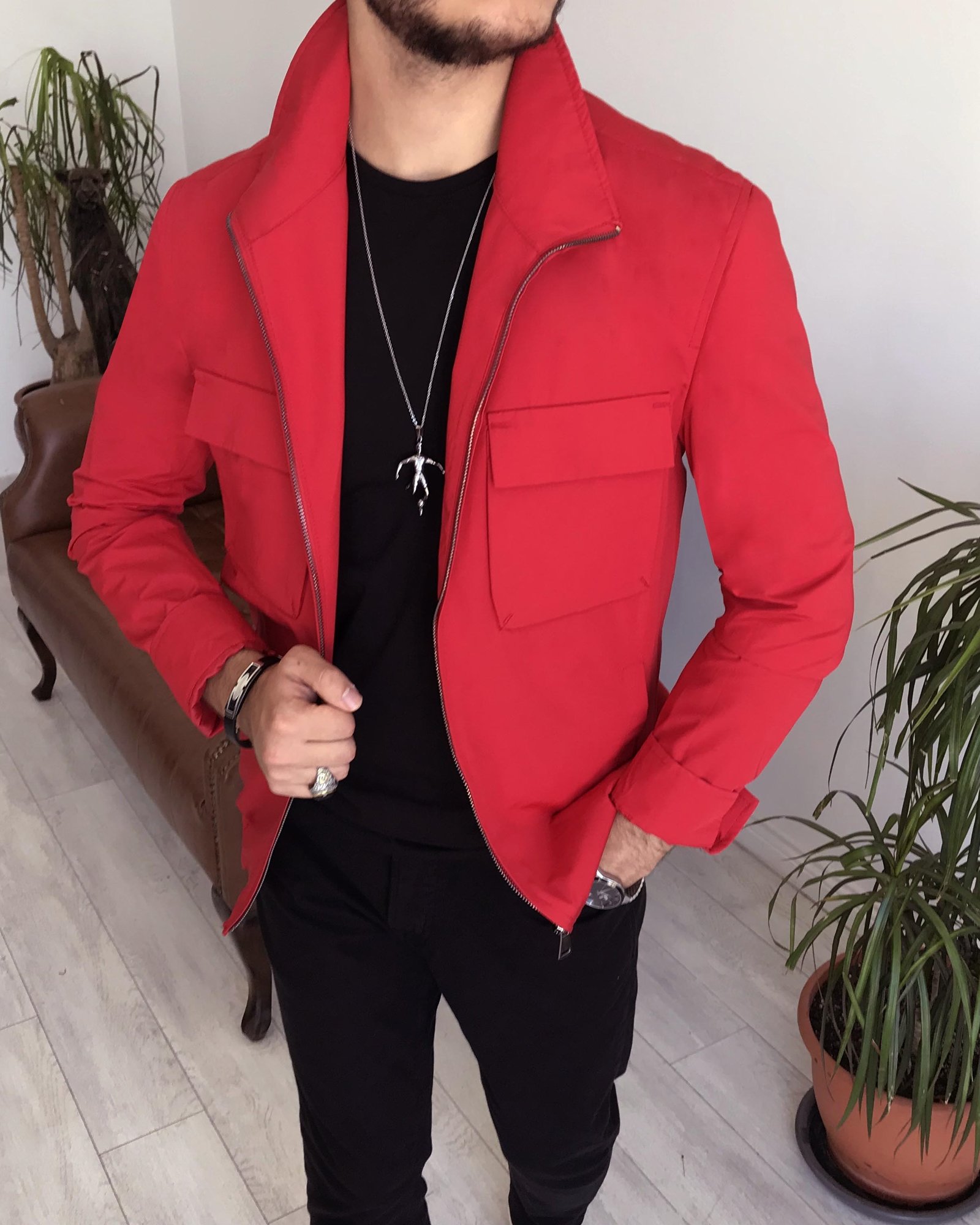 İtalyan stil slim fit erkek mevsimlik bomber ceket Kırmızı T7867