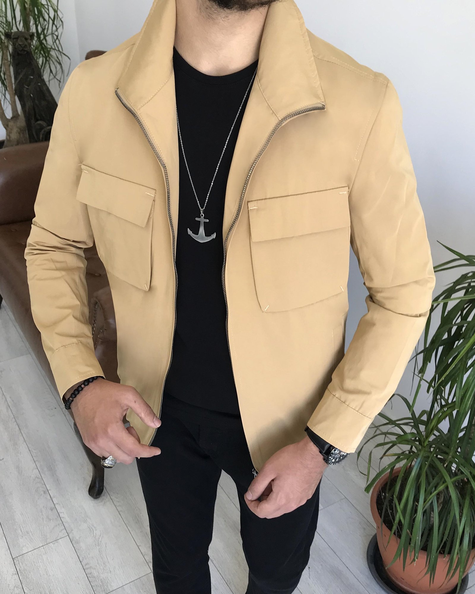 İtalyan stil slim fit erkek mevsimlik bomber ceket Camel T7870