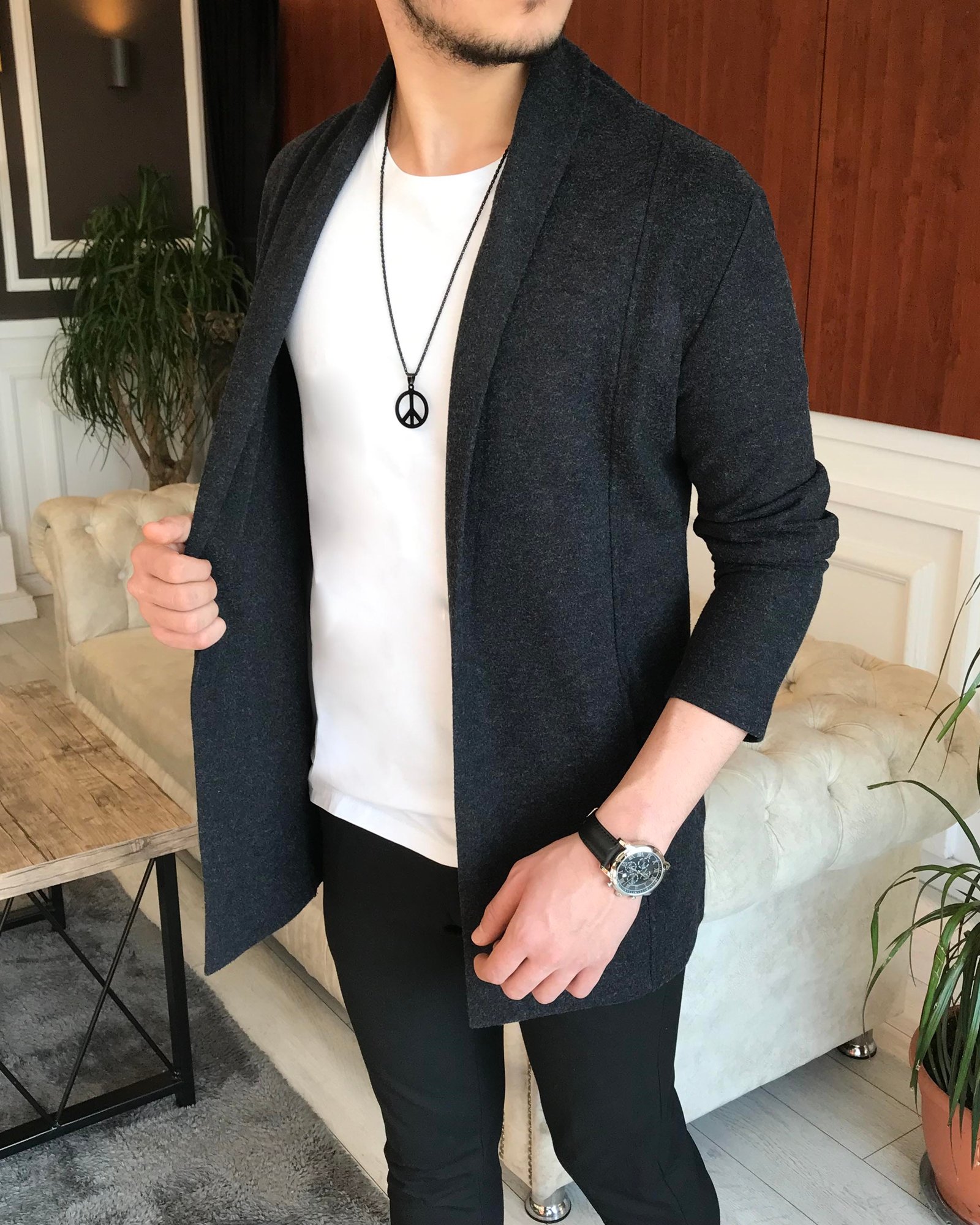 İtalyan stil slim fit erkek mevsimlik pamuklu şal yaka hırka Antrasit T6791