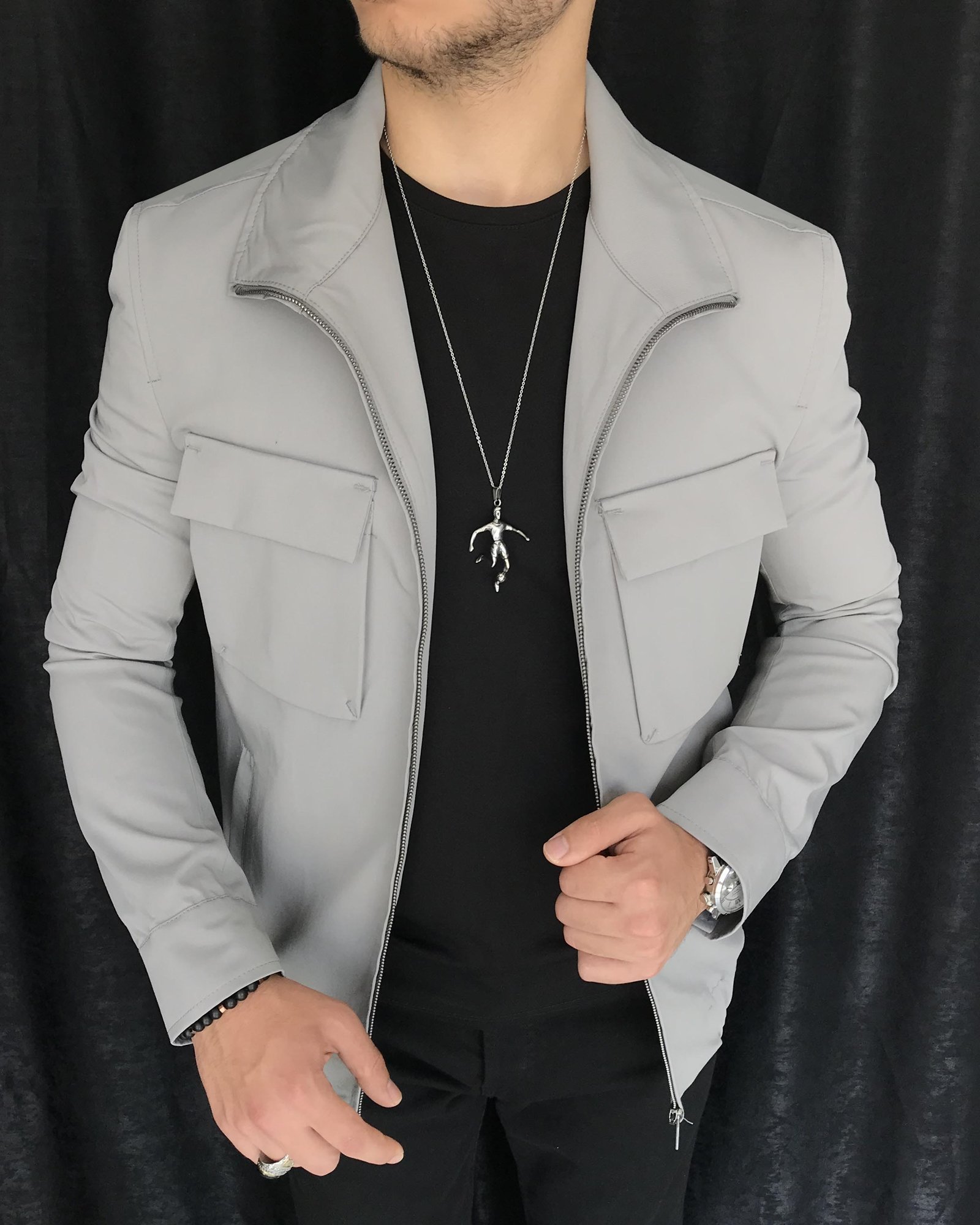 İtalyan stil slim fit erkek mevsimlik bomber ceket Gri T7889