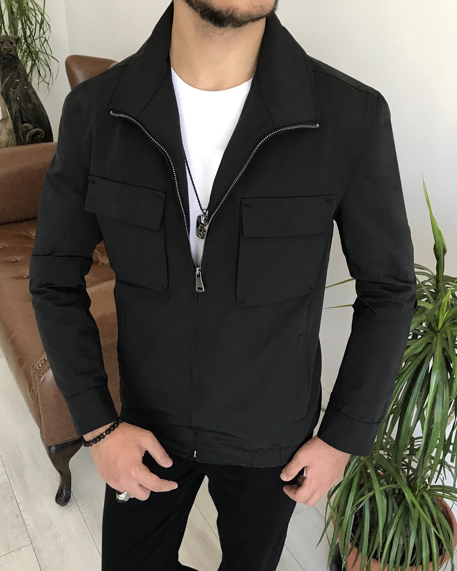 İtalyan stil slim fit erkek mevsimlik bomber ceket Siyah T7871
