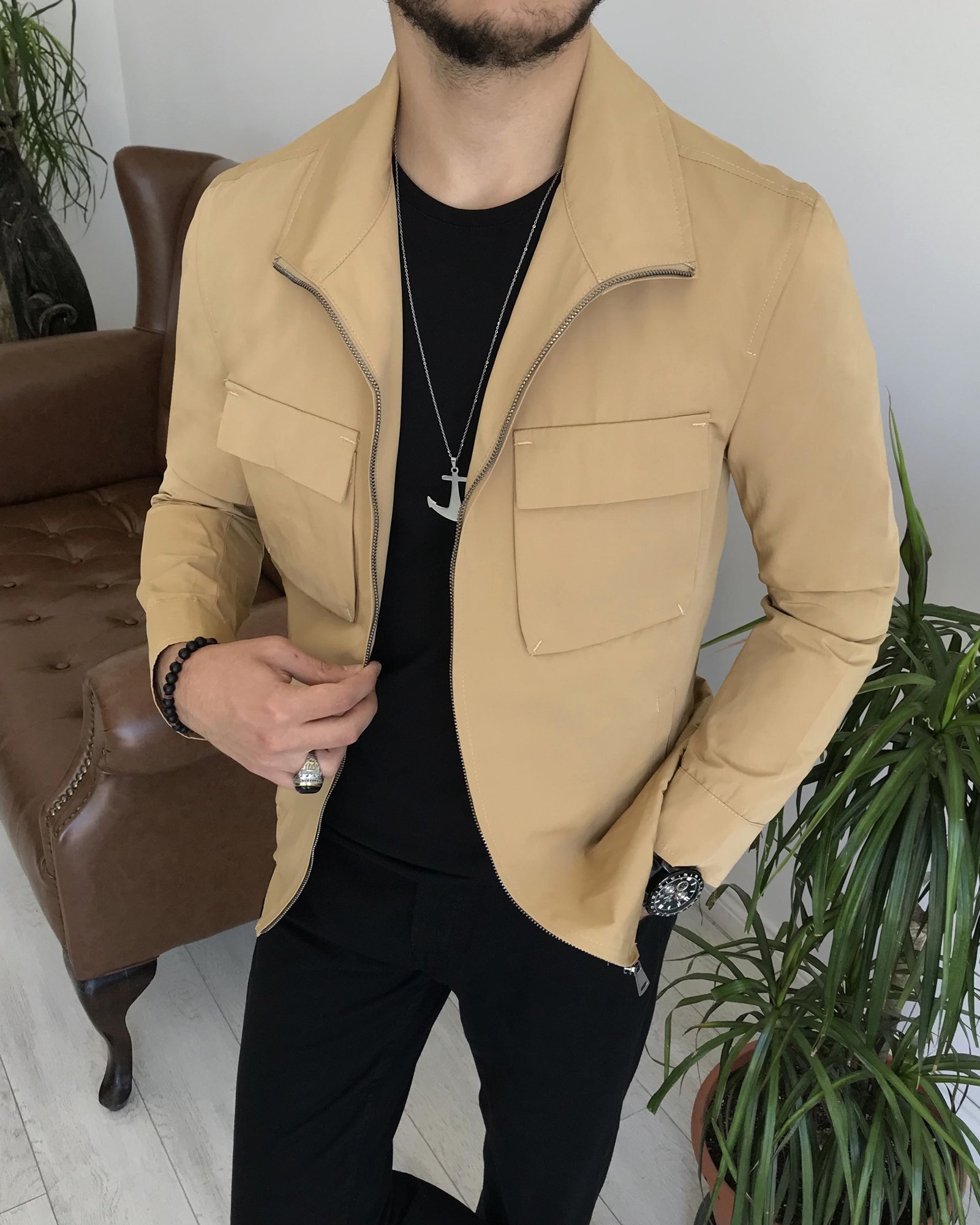 İtalyan stil slim fit erkek mevsimlik bomber ceket Camel T7870