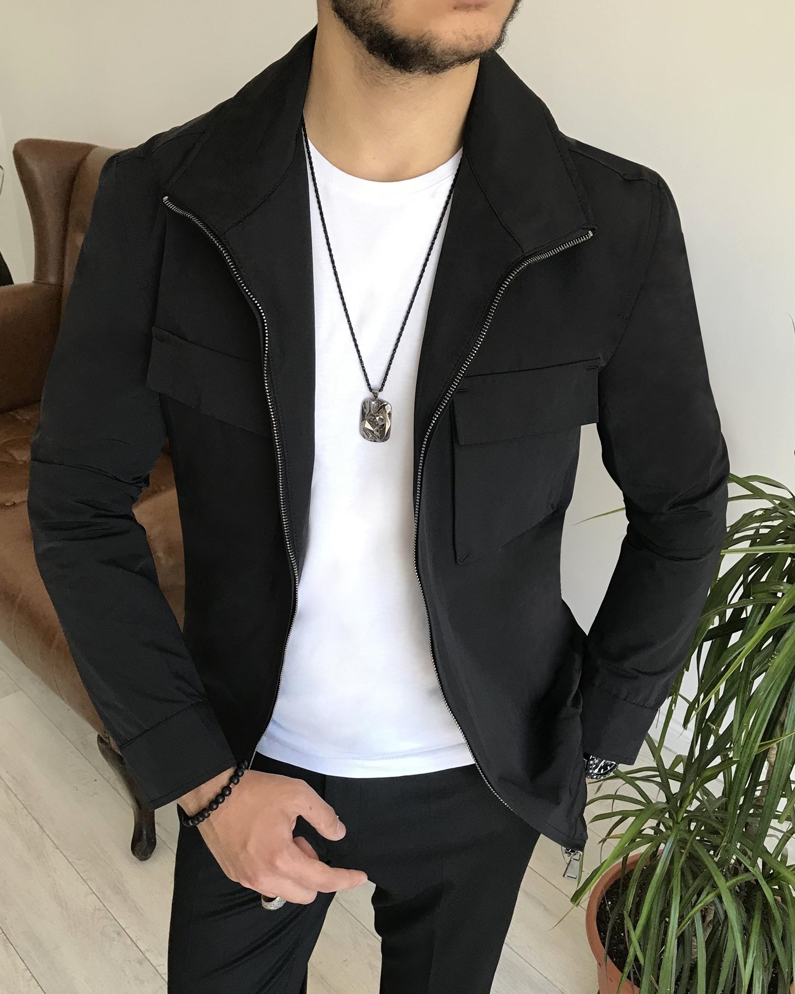 İtalyan stil slim fit erkek mevsimlik bomber ceket Siyah T7871