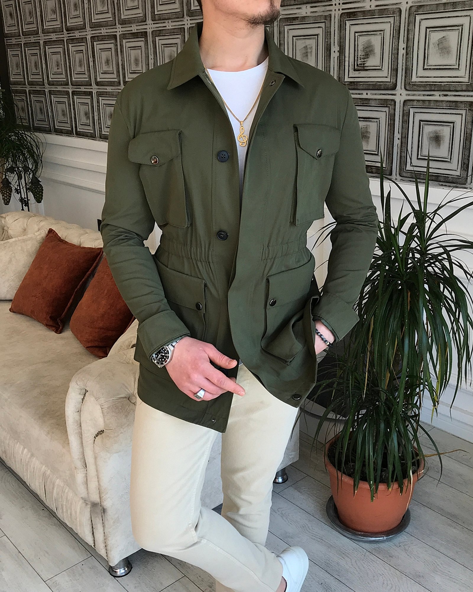 İtalyan stil slim fit erkek  mevsimlik safari ceket Haki T5442