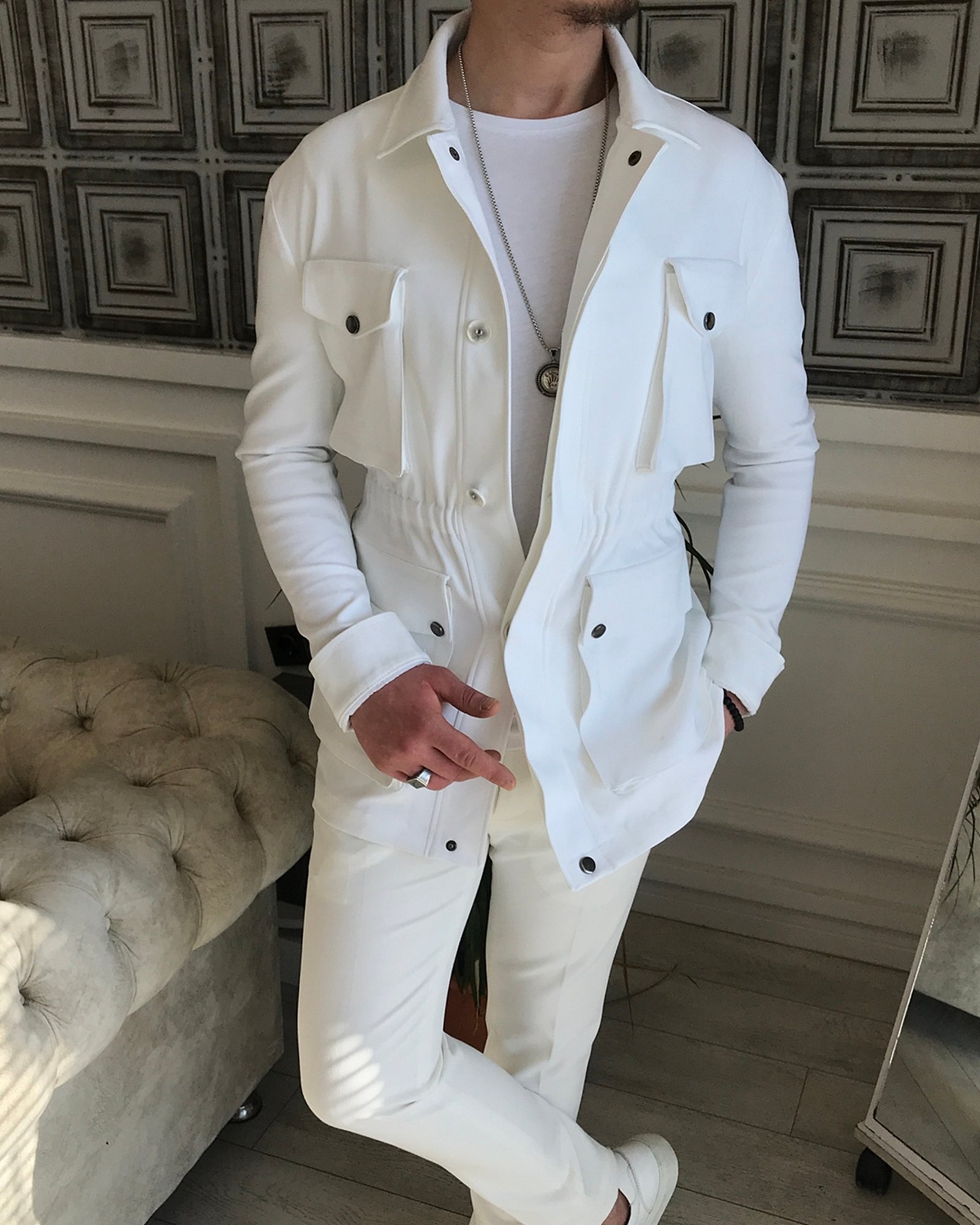 İtalyan stil slim fit erkek  mevsimlik safari ceket Beyaz T5444