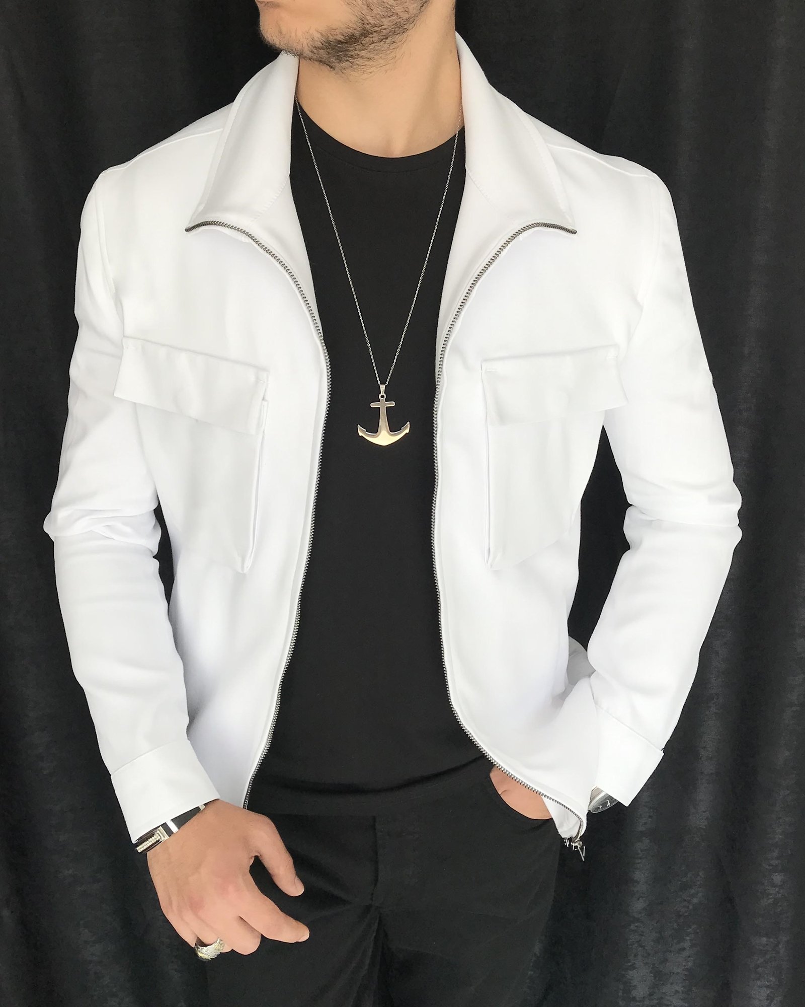 İtalyan stil slim fit erkek mevsimlik bomber ceket Beyaz T7891