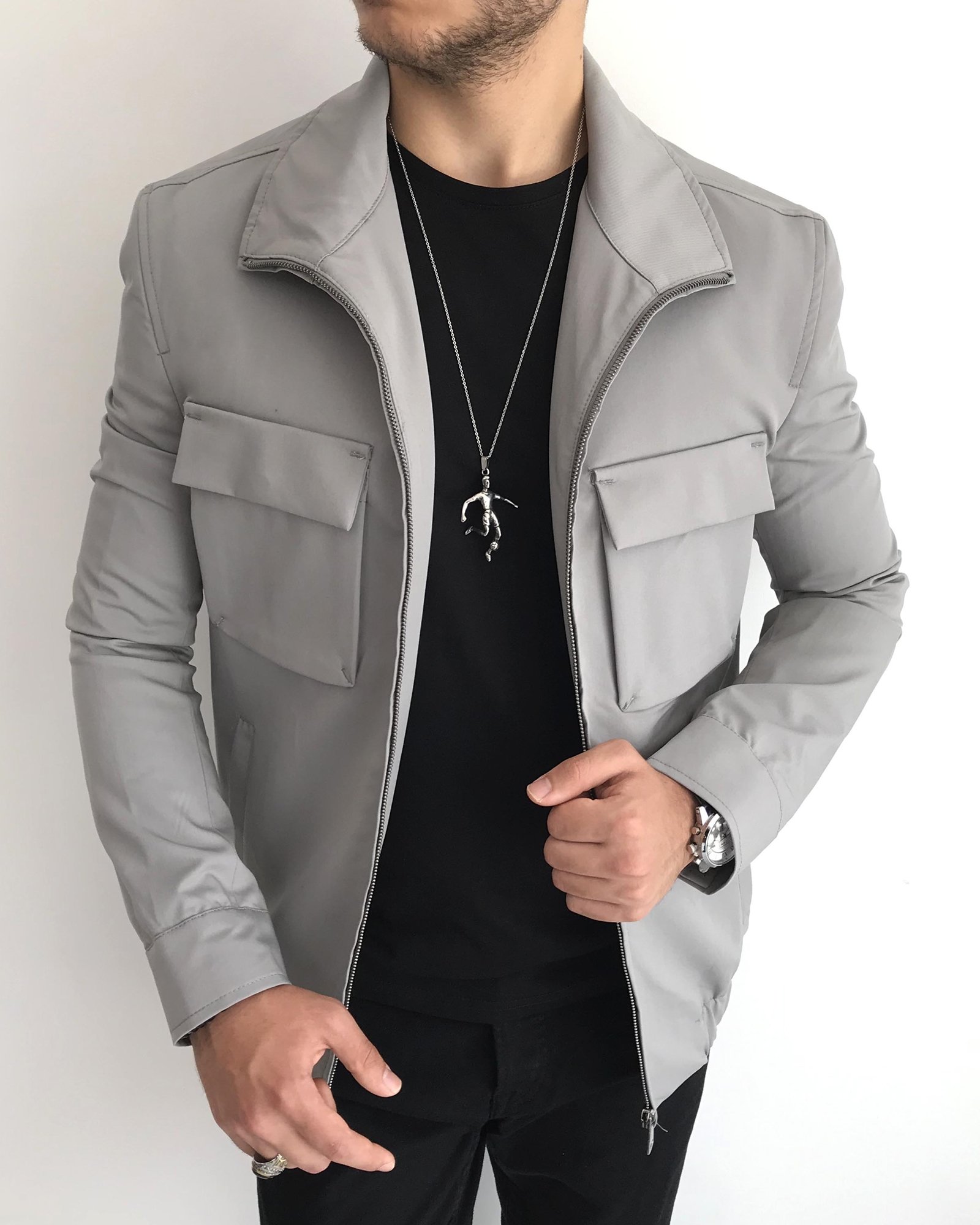 İtalyan stil slim fit erkek mevsimlik bomber ceket Gri T7889