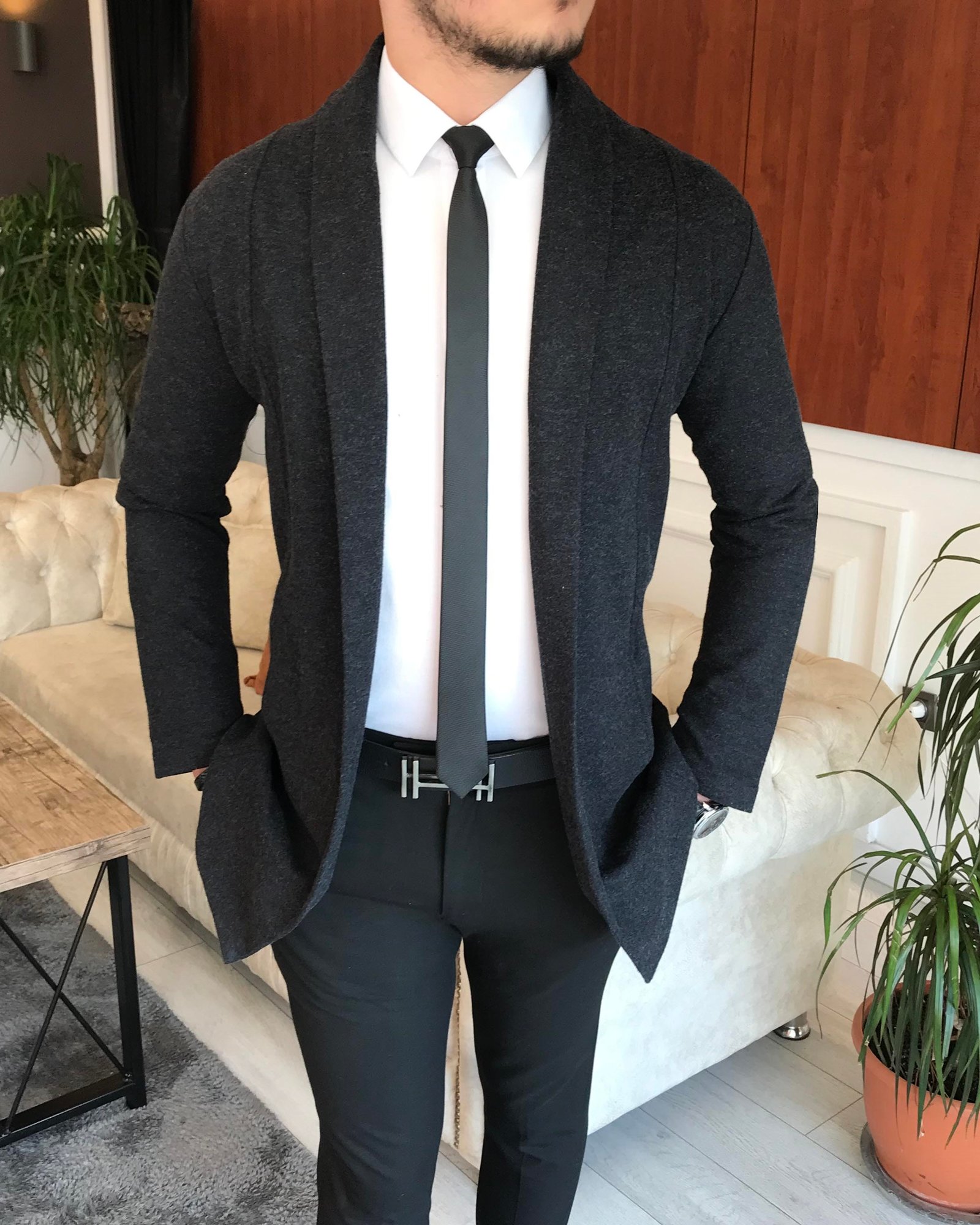 İtalyan stil slim fit erkek mevsimlik pamuklu şal yaka hırka Antrasit T6791