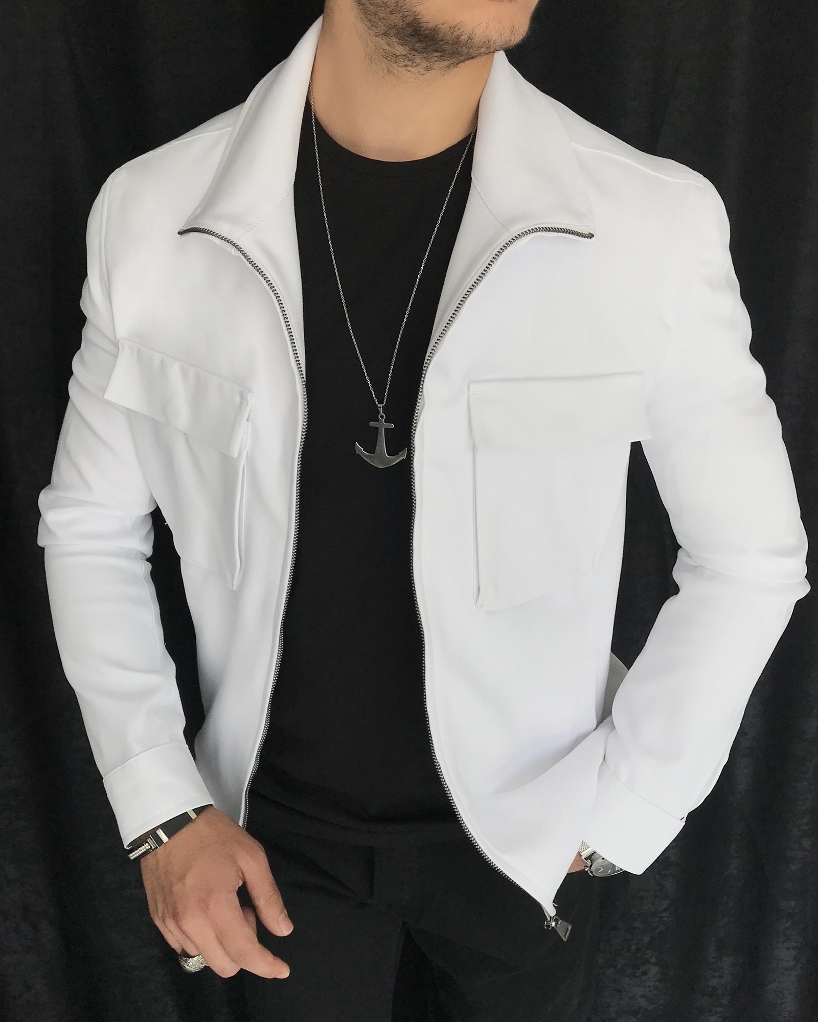 İtalyan stil slim fit erkek mevsimlik bomber ceket Beyaz T7891