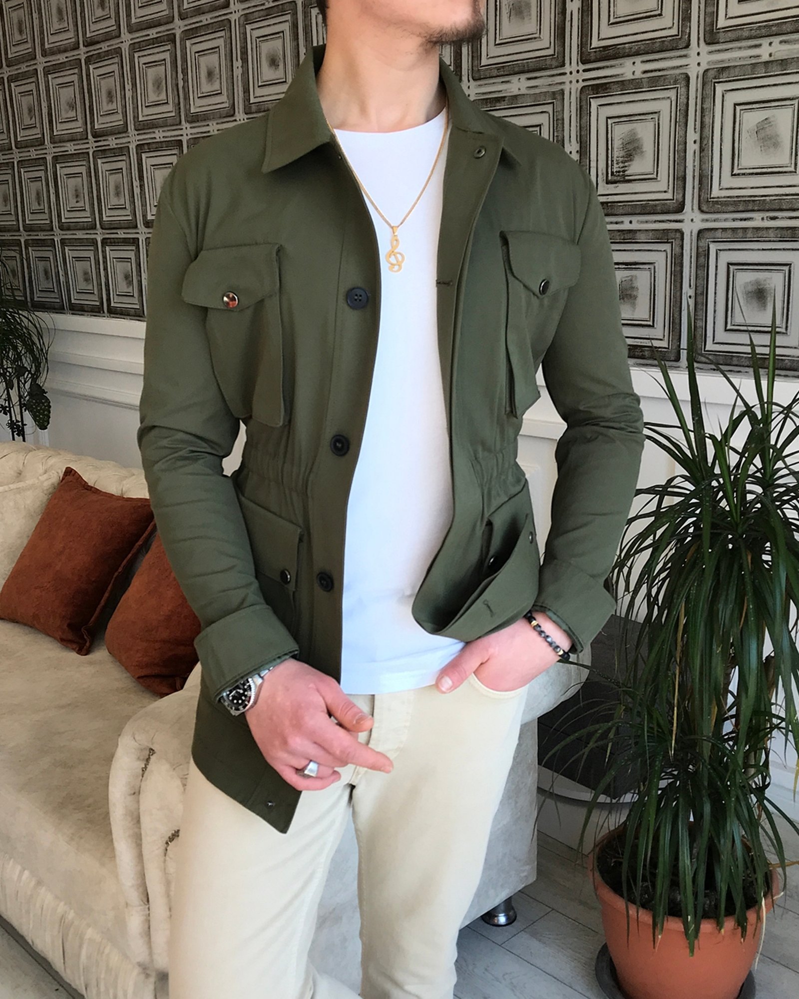 İtalyan stil slim fit erkek  mevsimlik safari ceket Haki T5442