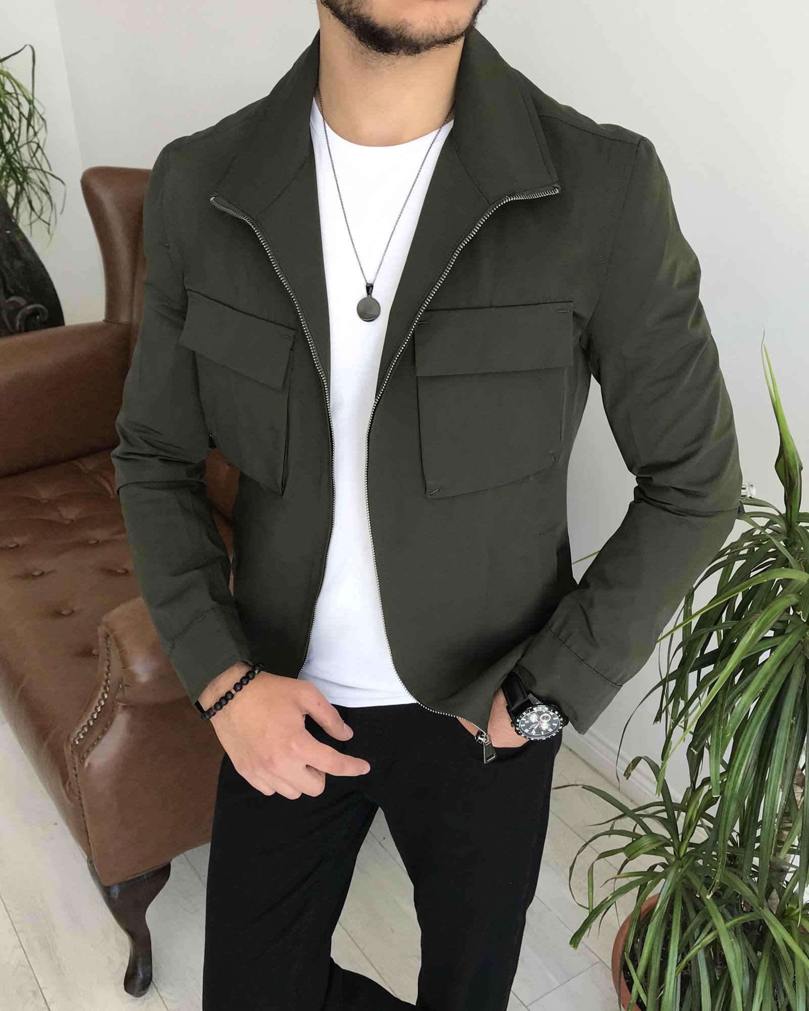 İtalyan stil slim fit erkek mevsimlik bomber ceket Haki T7866