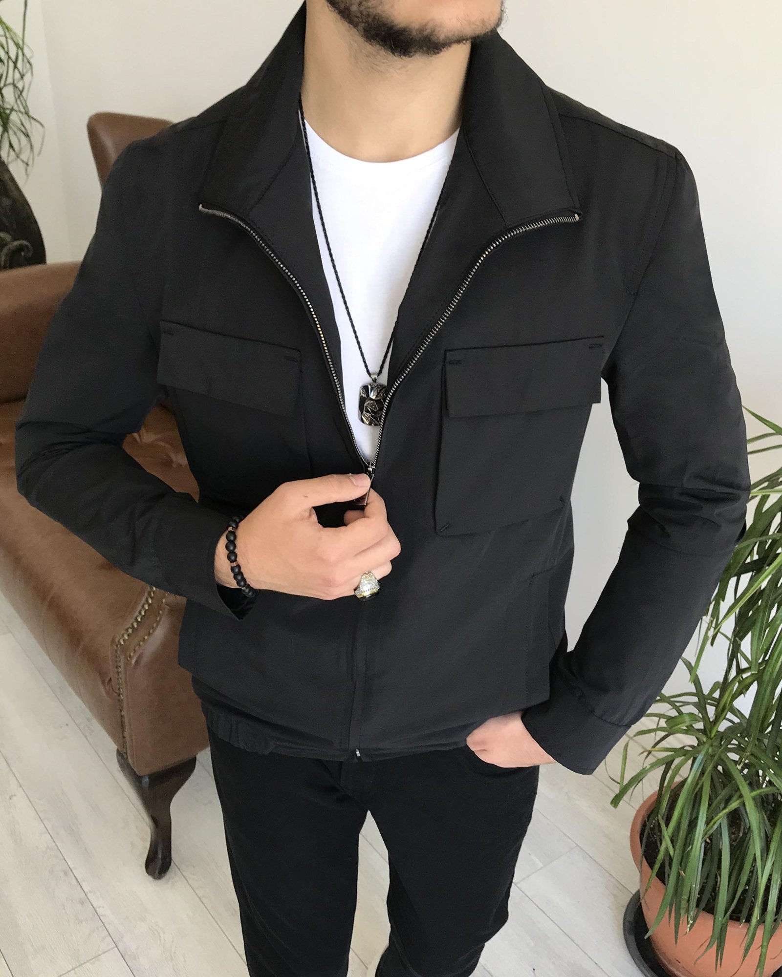 İtalyan stil slim fit erkek mevsimlik bomber ceket Siyah T7871