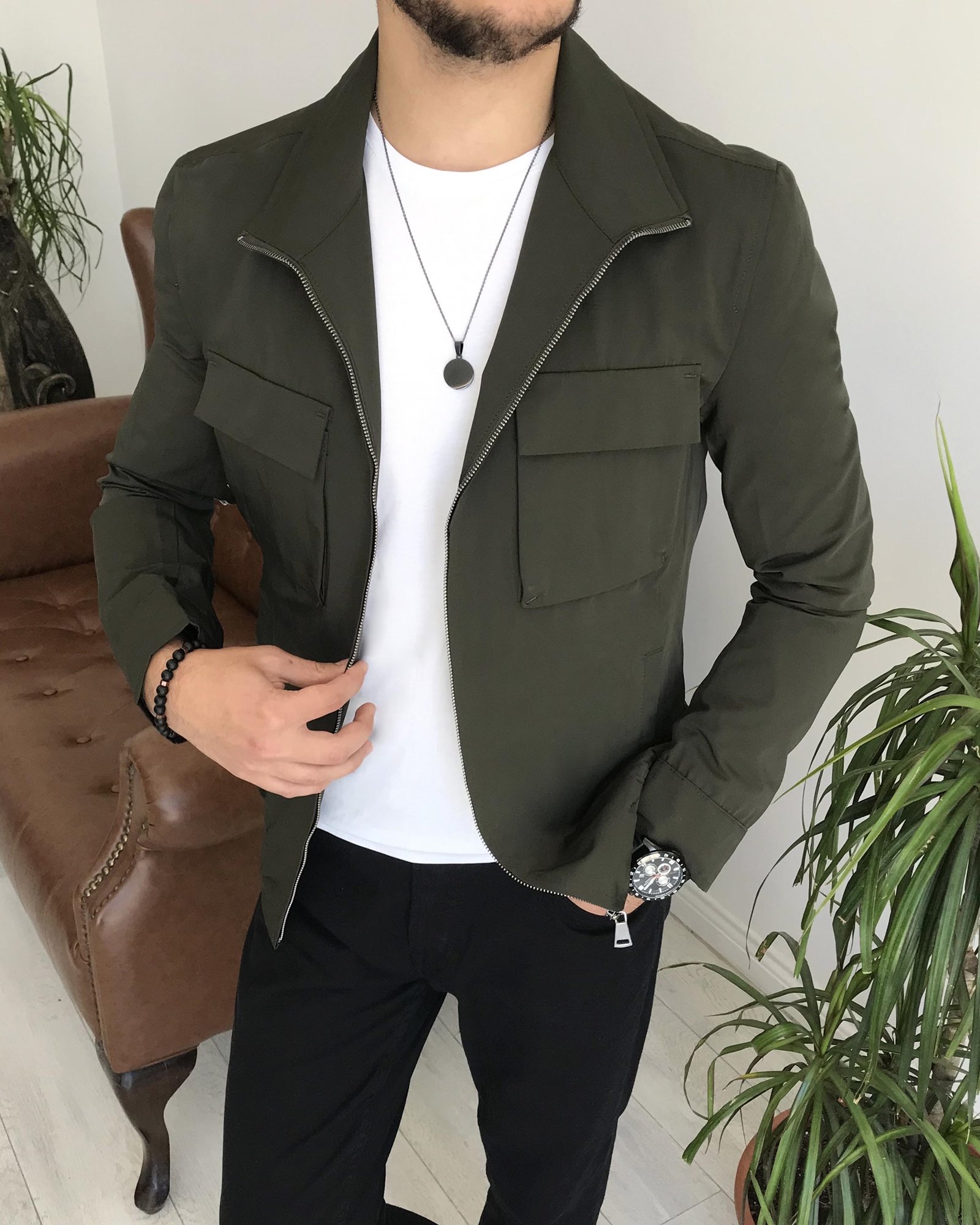 İtalyan stil slim fit erkek mevsimlik bomber ceket Haki T7866