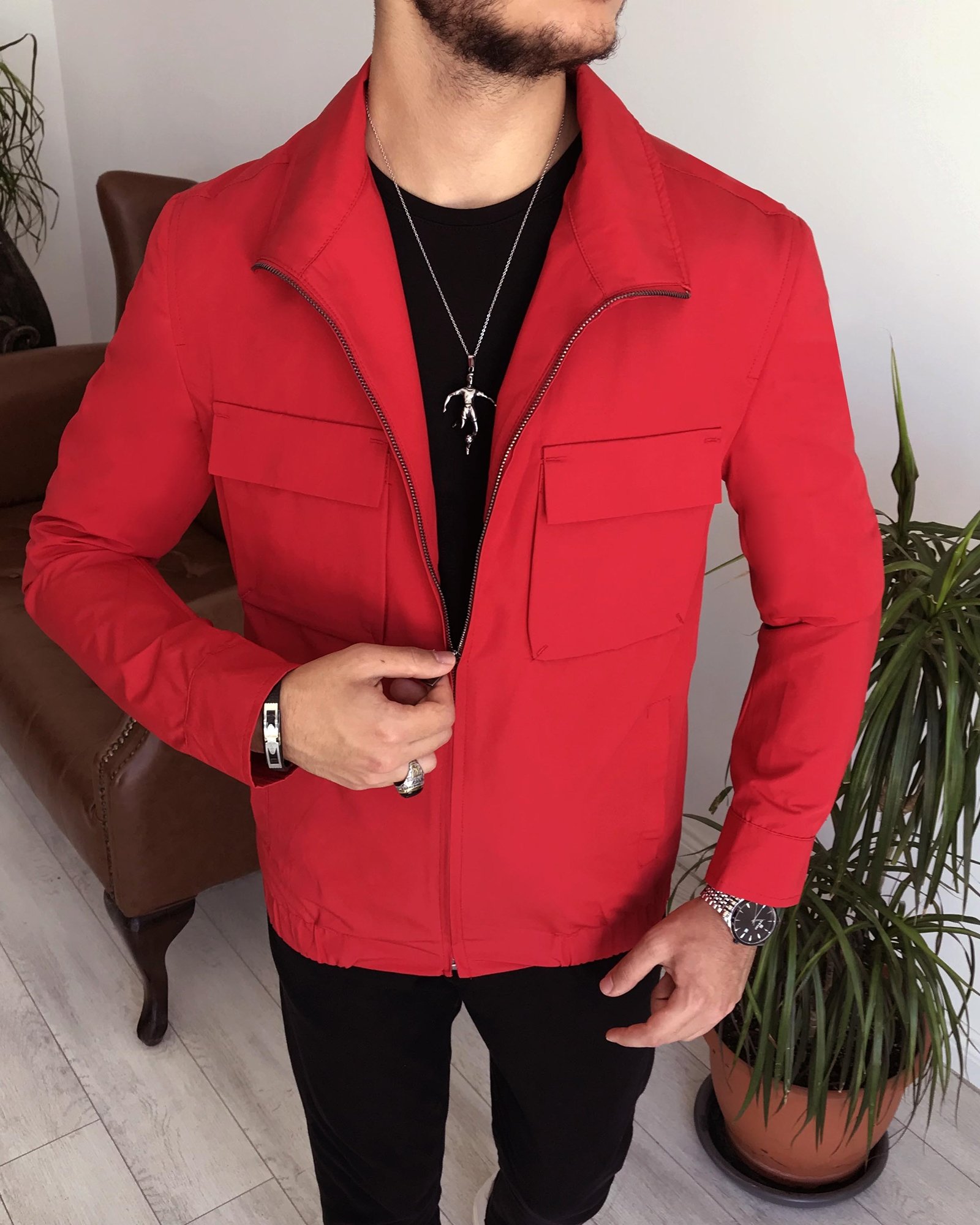 İtalyan stil slim fit erkek mevsimlik bomber ceket Kırmızı T7867