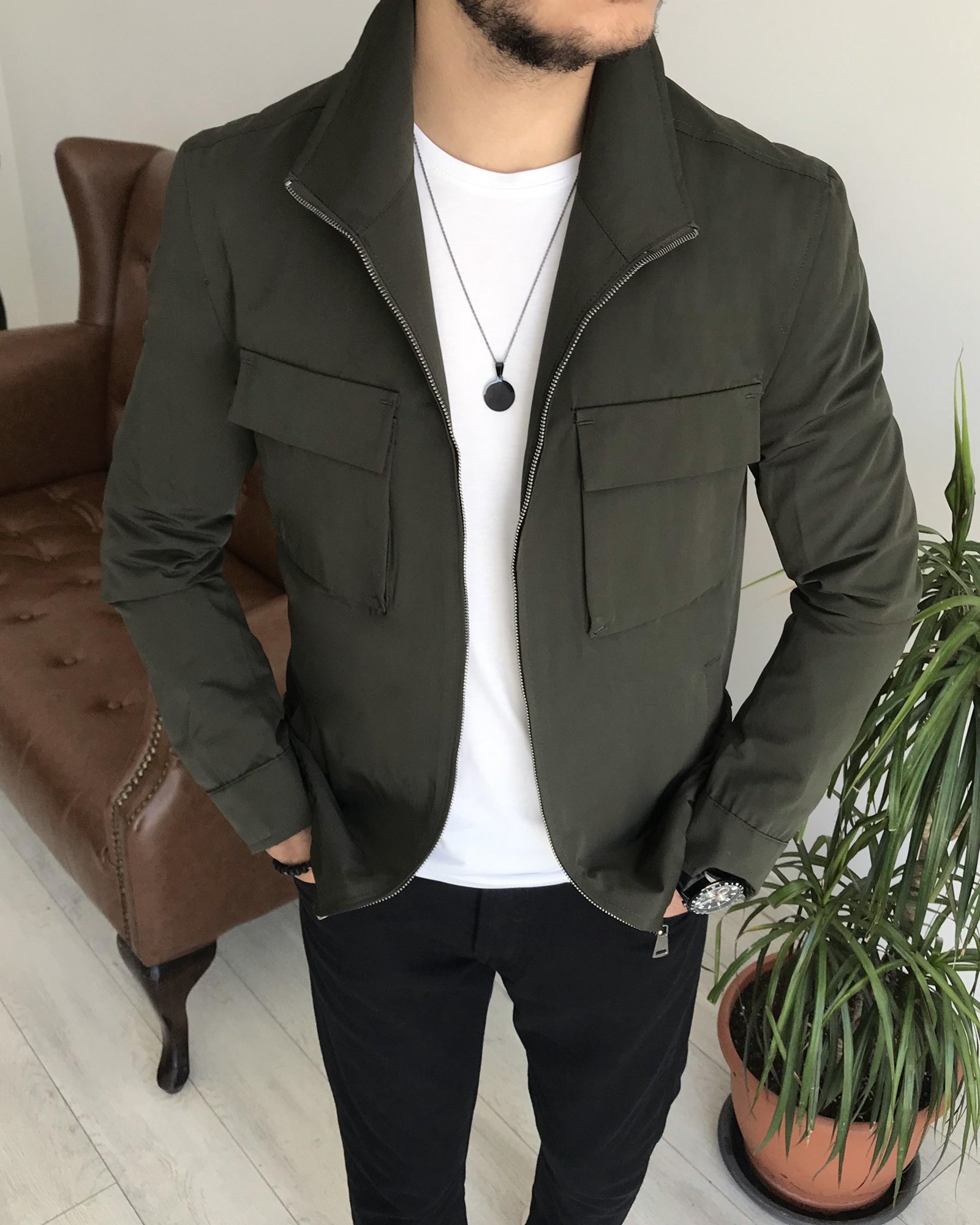 İtalyan stil slim fit erkek mevsimlik bomber ceket Haki T7866