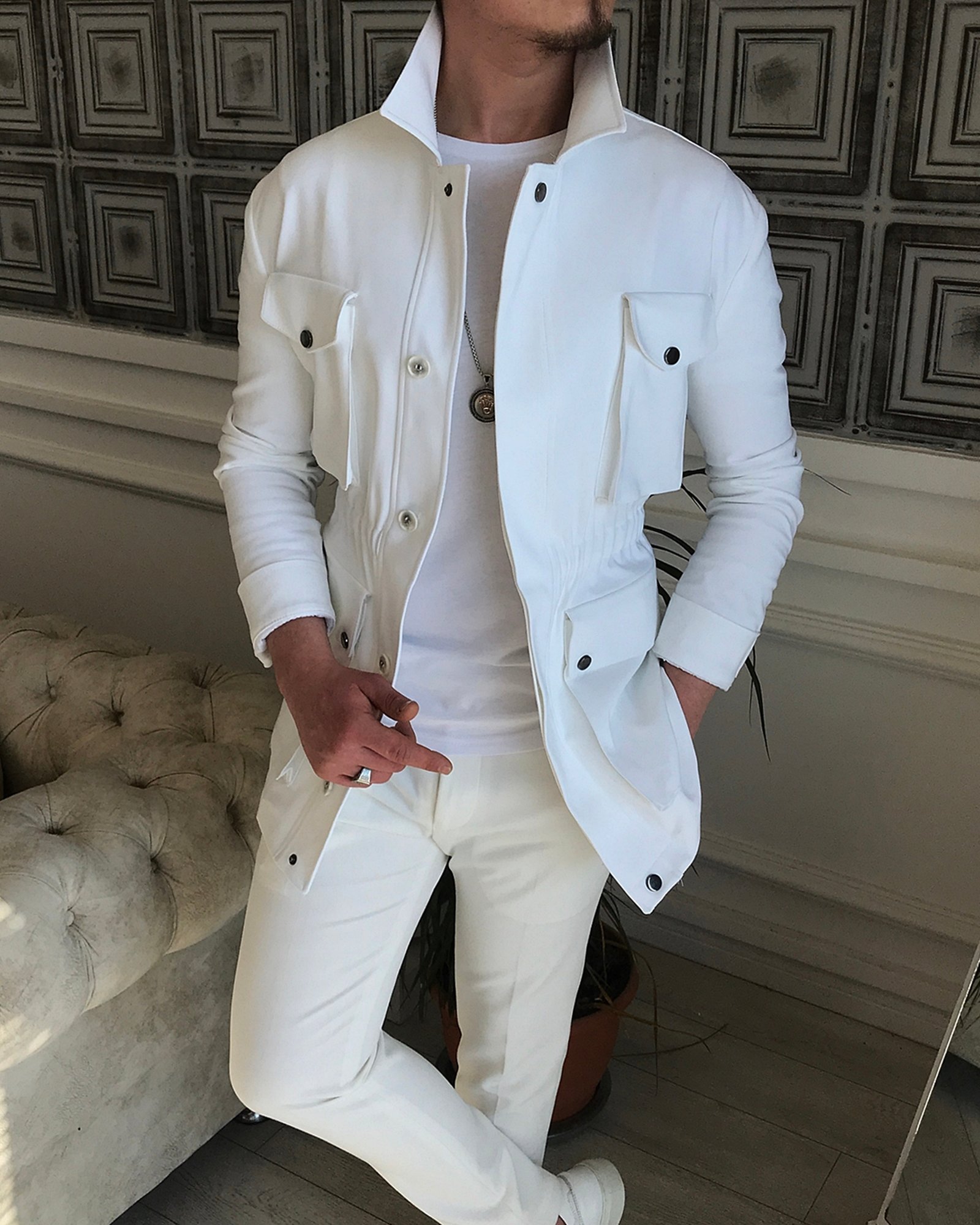 İtalyan stil slim fit erkek  mevsimlik safari ceket Beyaz T5444